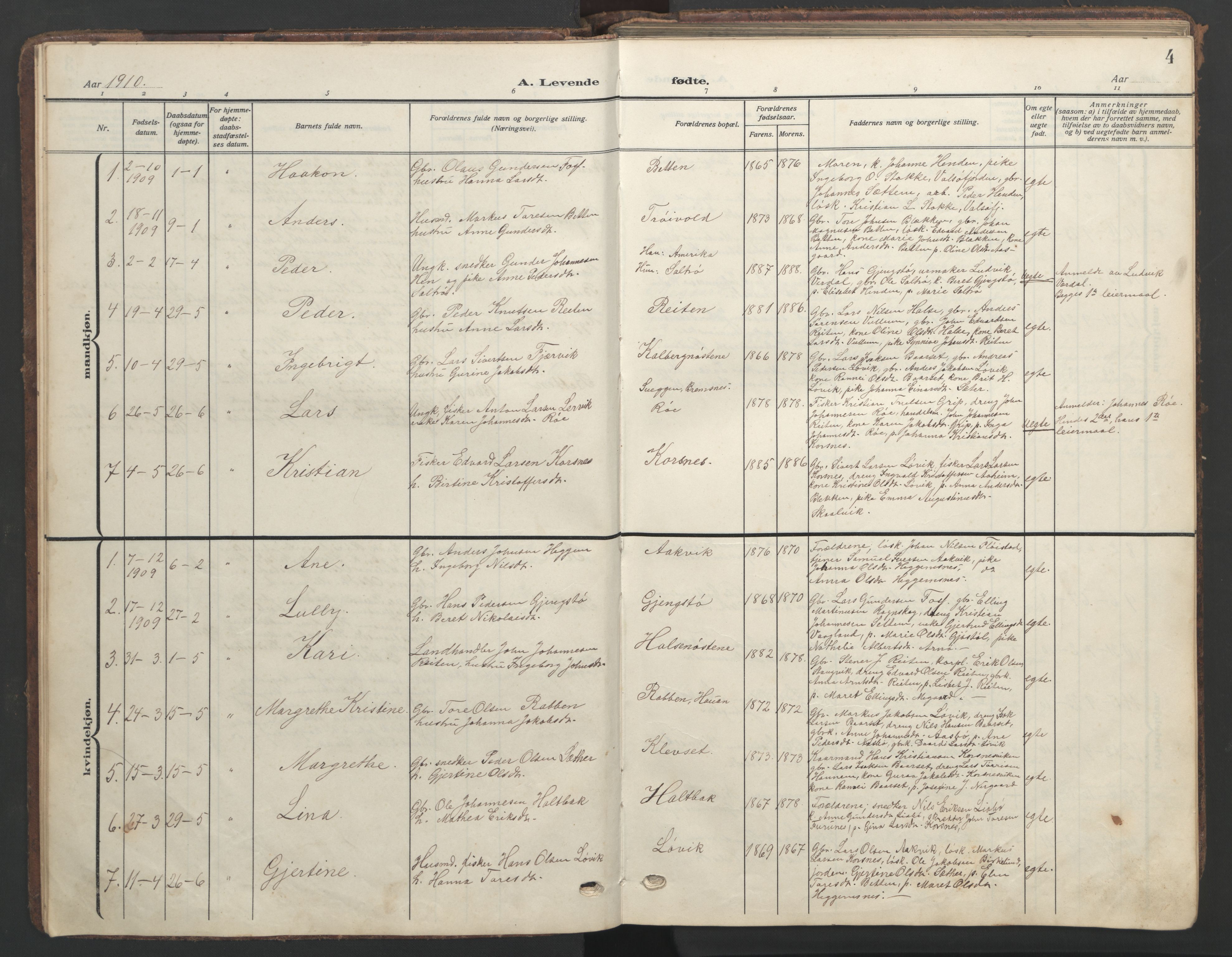 Ministerialprotokoller, klokkerbøker og fødselsregistre - Møre og Romsdal, SAT/A-1454/576/L0891: Klokkerbok nr. 576C02, 1909-1946, s. 4