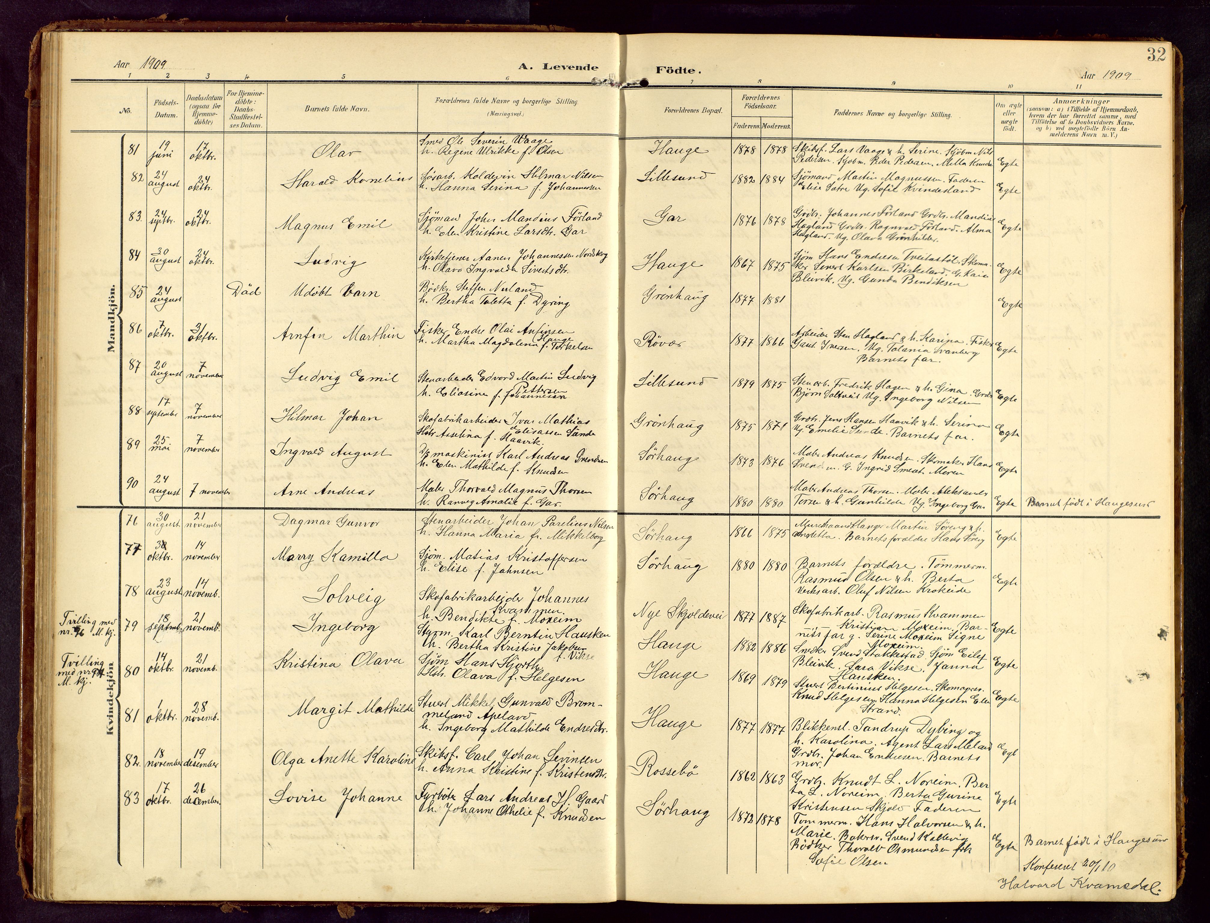 Haugesund sokneprestkontor, AV/SAST-A -101863/H/Ha/Hab/L0006: Klokkerbok nr. B 6, 1906-1944, s. 32