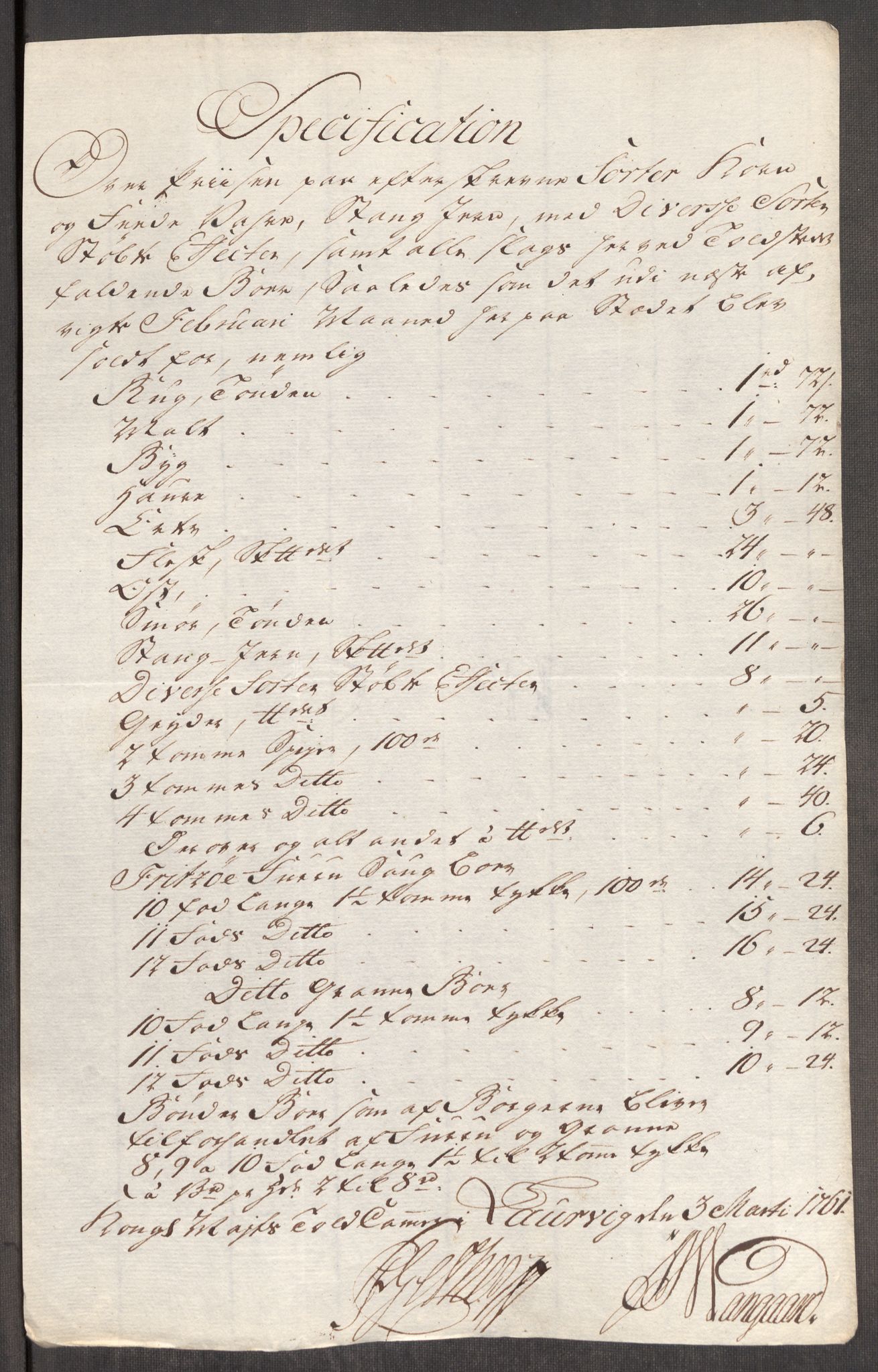 Rentekammeret inntil 1814, Realistisk ordnet avdeling, AV/RA-EA-4070/Oe/L0007: [Ø1]: Priskuranter, 1761-1763, s. 166