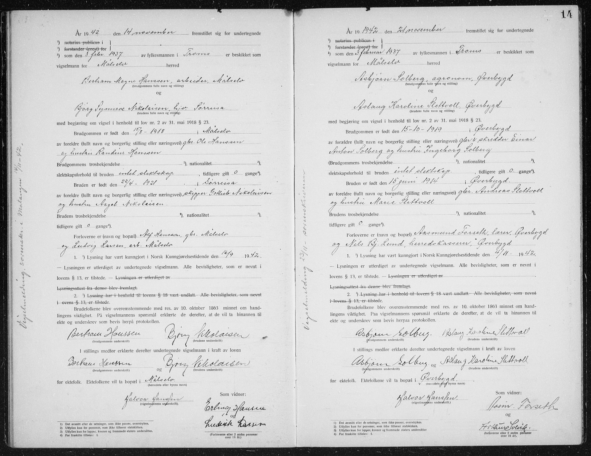Målselv sokneprestembete, AV/SATØ-S-1311/I/Ie/L0046: Vigselsbok (dissentere) nr. 46, 1919-1942, s. 14
