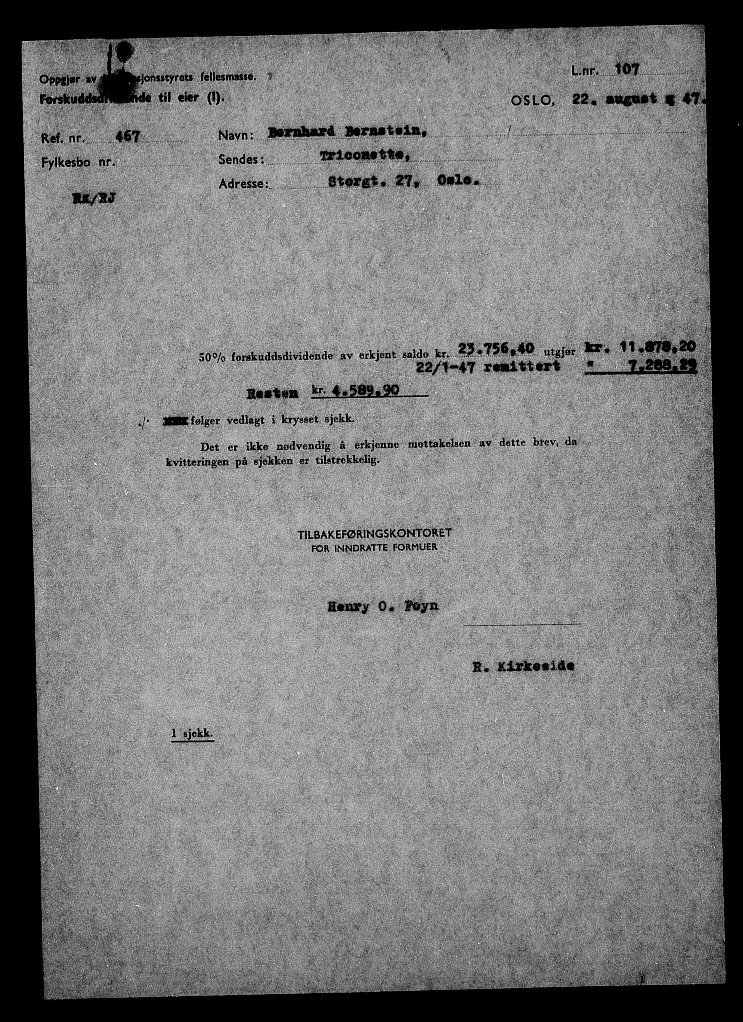 Justisdepartementet, Tilbakeføringskontoret for inndratte formuer, AV/RA-S-1564/H/Hc/Hcc/L0921: --, 1945-1947, s. 452