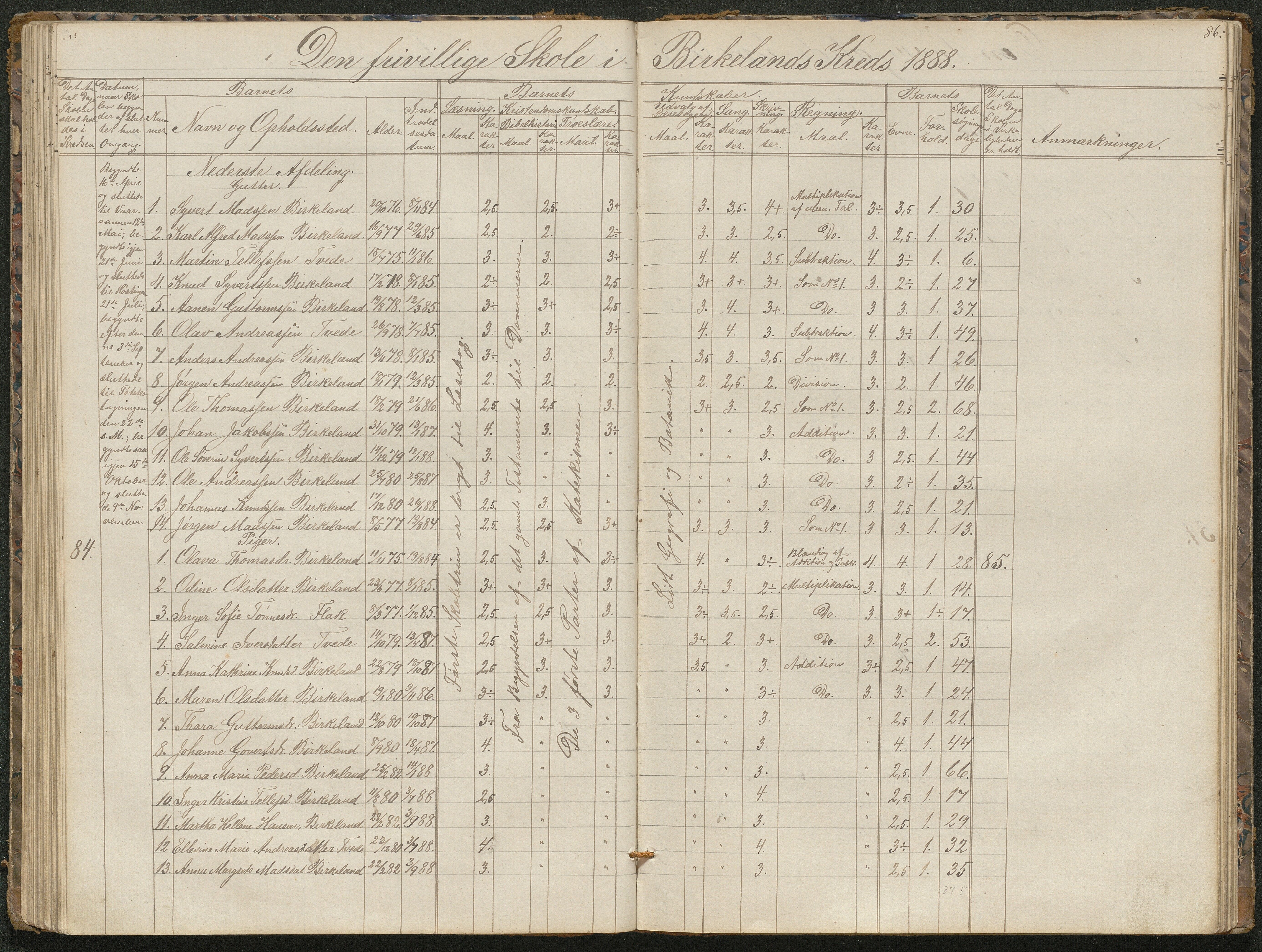 Birkenes kommune, Birkenes krets/Birkeland folkeskole frem til 1991, AAKS/KA0928-550a_91/F02/L0001: Skoleprotokoll, 1862-1896, s. 86