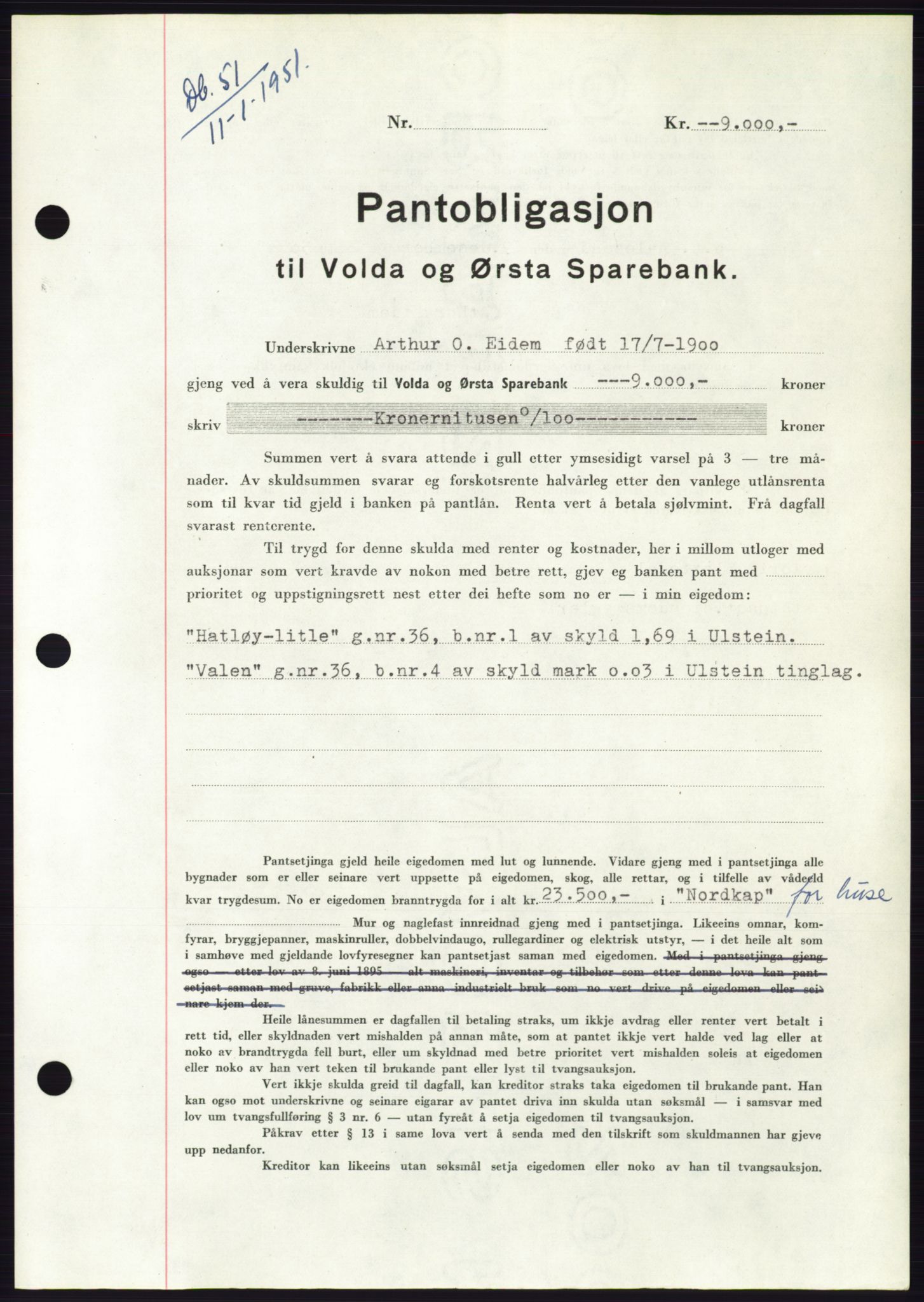 Søre Sunnmøre sorenskriveri, AV/SAT-A-4122/1/2/2C/L0119: Pantebok nr. 7B, 1950-1951, Dagboknr: 51/1951