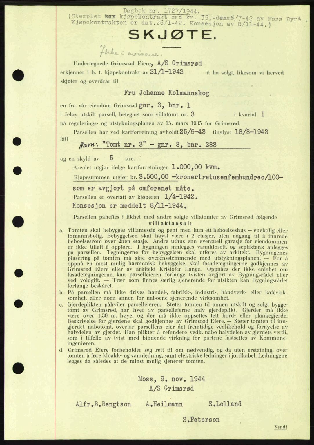 Moss sorenskriveri, SAO/A-10168: Pantebok nr. A13, 1944-1945, Dagboknr: 1727/1944