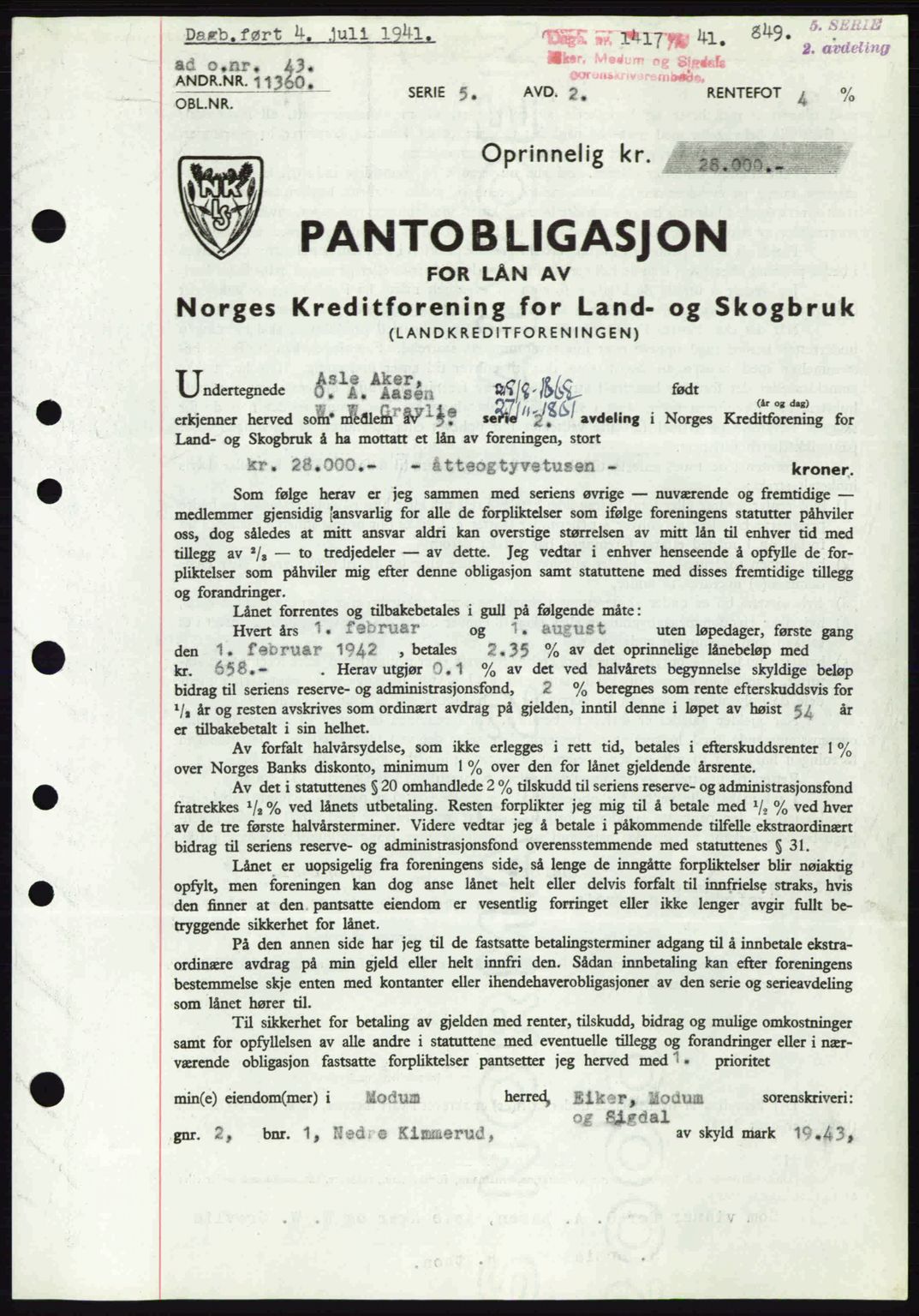 Eiker, Modum og Sigdal sorenskriveri, SAKO/A-123/G/Ga/Gab/L0043: Pantebok nr. A13, 1940-1941, Dagboknr: 1417/1941