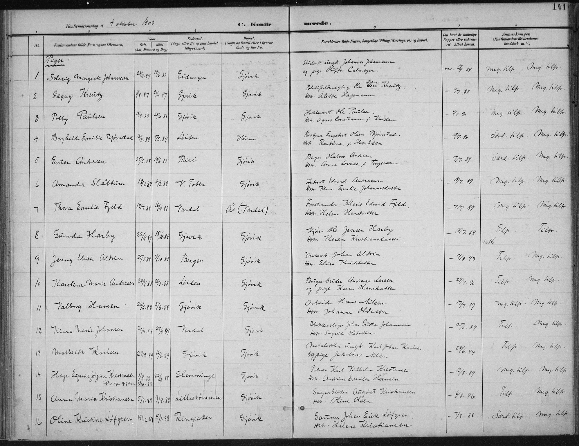 Vardal prestekontor, AV/SAH-PREST-100/H/Ha/Haa/L0013: Ministerialbok nr. 13, 1901-1911, s. 141