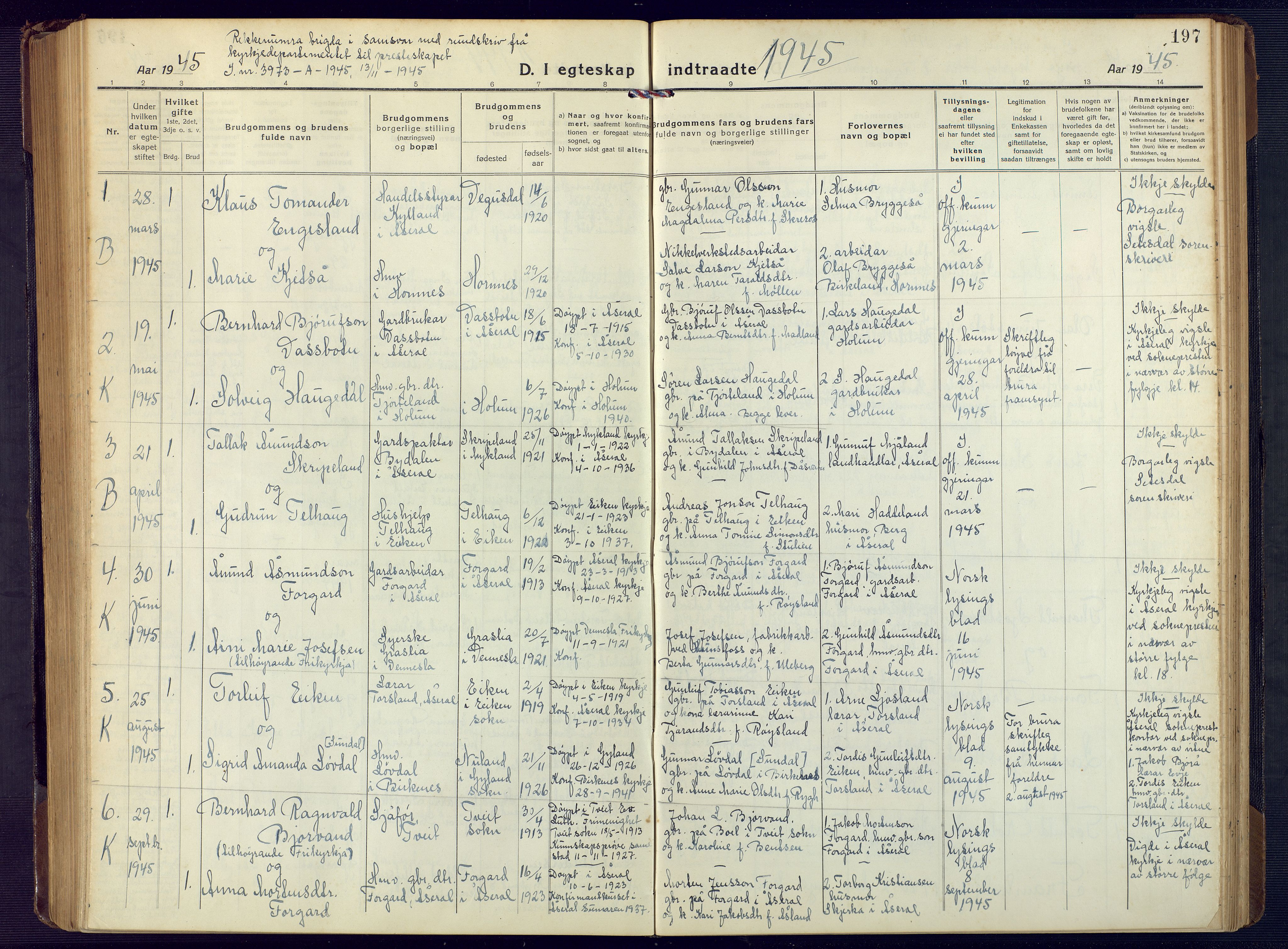 Åseral sokneprestkontor, AV/SAK-1111-0051/F/Fb/L0004: Klokkerbok nr. B 4, 1920-1946, s. 197