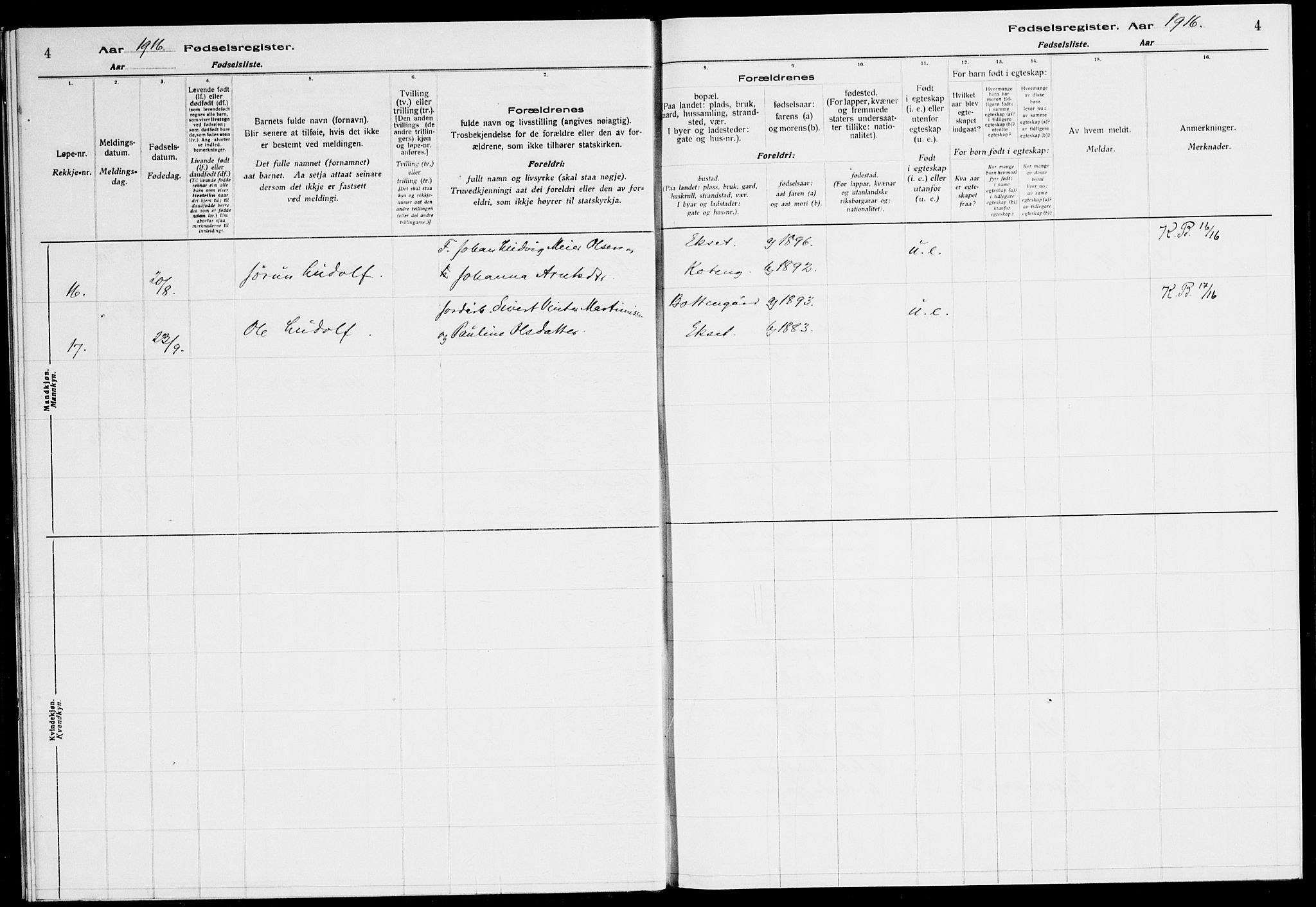Ministerialprotokoller, klokkerbøker og fødselsregistre - Sør-Trøndelag, SAT/A-1456/651/L0650: Fødselsregister nr. 651.II.4.1, 1916-1923, s. 4