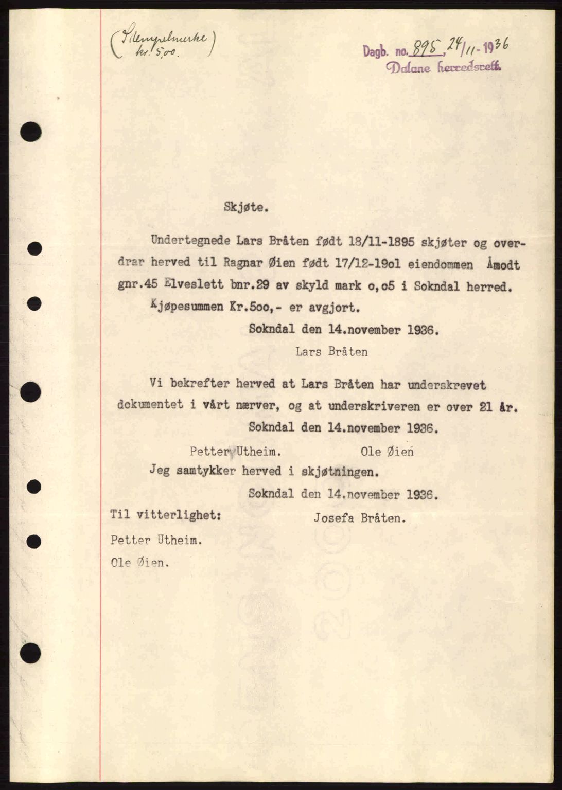 Dalane sorenskriveri, SAST/A-100309/02/G/Gb/L0040: Pantebok nr. A1, 1936-1936, Dagboknr: 895/1936