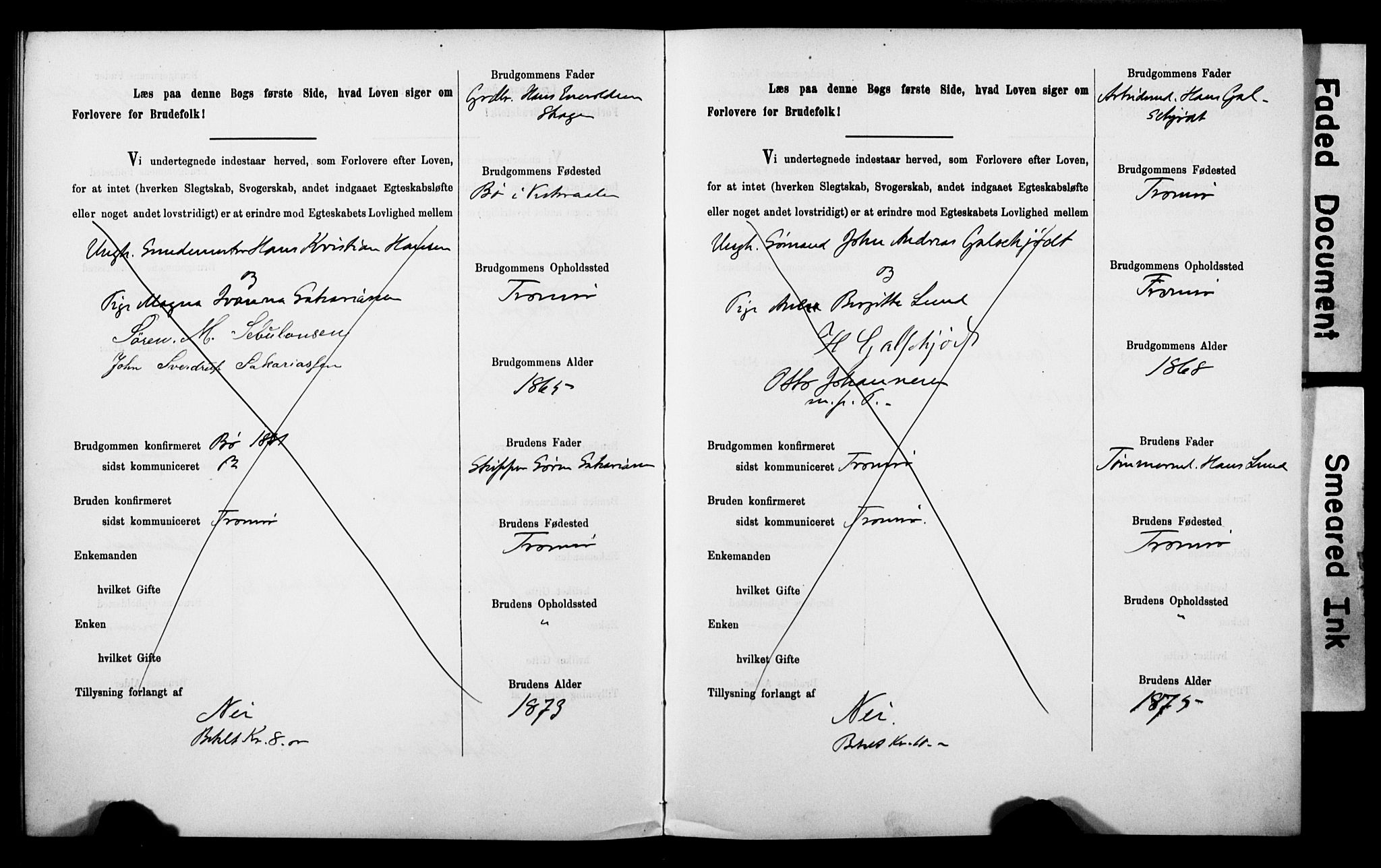Tromsø sokneprestkontor/stiftsprosti/domprosti, AV/SATØ-S-1343/H/Hc/L0099/0001: Lysningsprotokoll nr. 99.1, 1886-1892