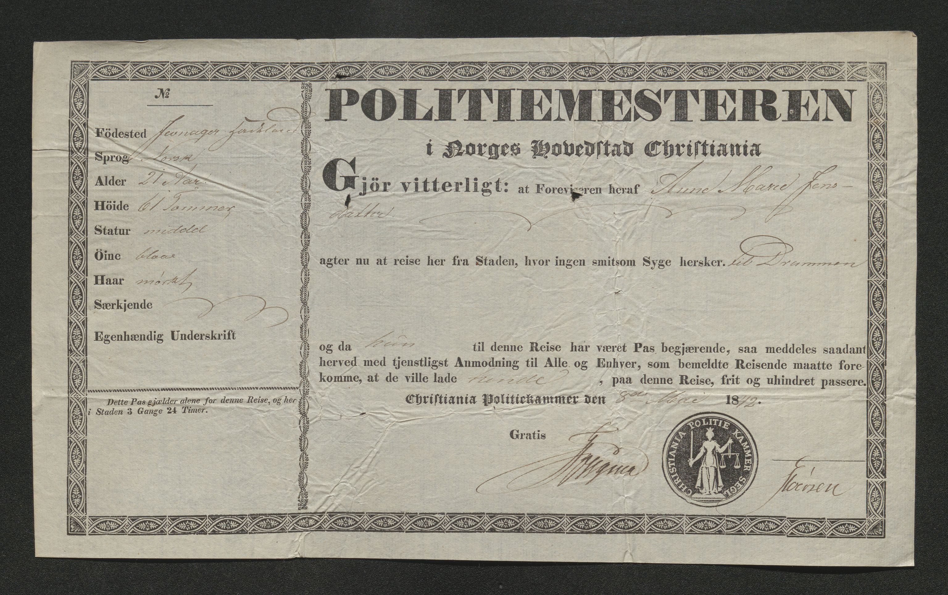 Drammen politikammer, SAKO/A-623/I/Ia/Iab/L0006: Innleverte pass, 1841-1842, s. 435