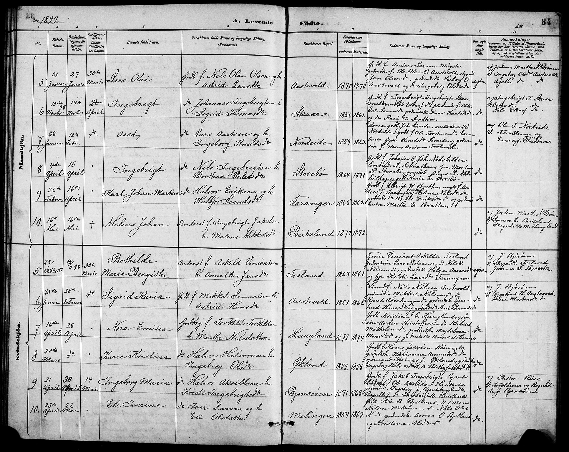 Austevoll sokneprestembete, AV/SAB-A-74201/H/Ha/Hab/Haba/L0003: Klokkerbok nr. A 3, 1889-1900, s. 34