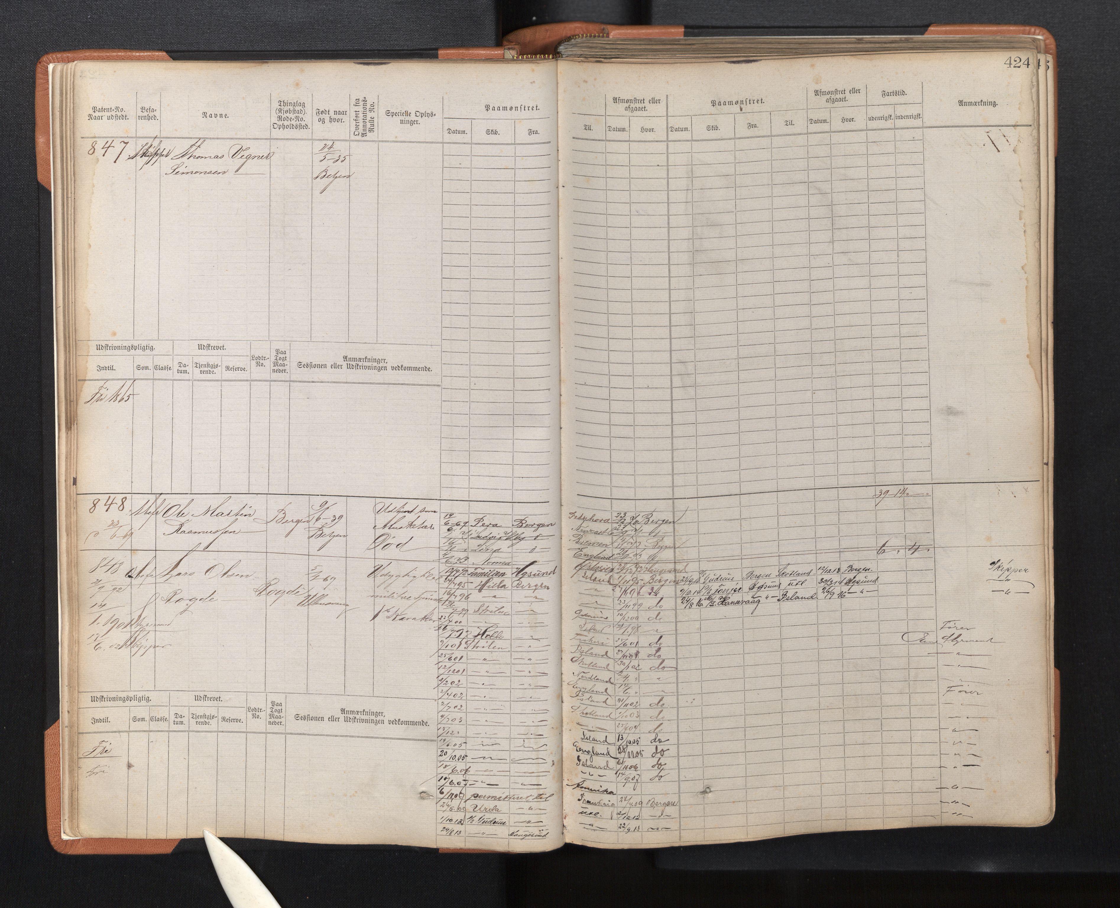 Innrulleringssjefen i Bergen, AV/SAB-A-100050/F/Fc/L0002: Sjøfartshovedrulle, nr. 795 - 1610, 1869-1871, s. 424