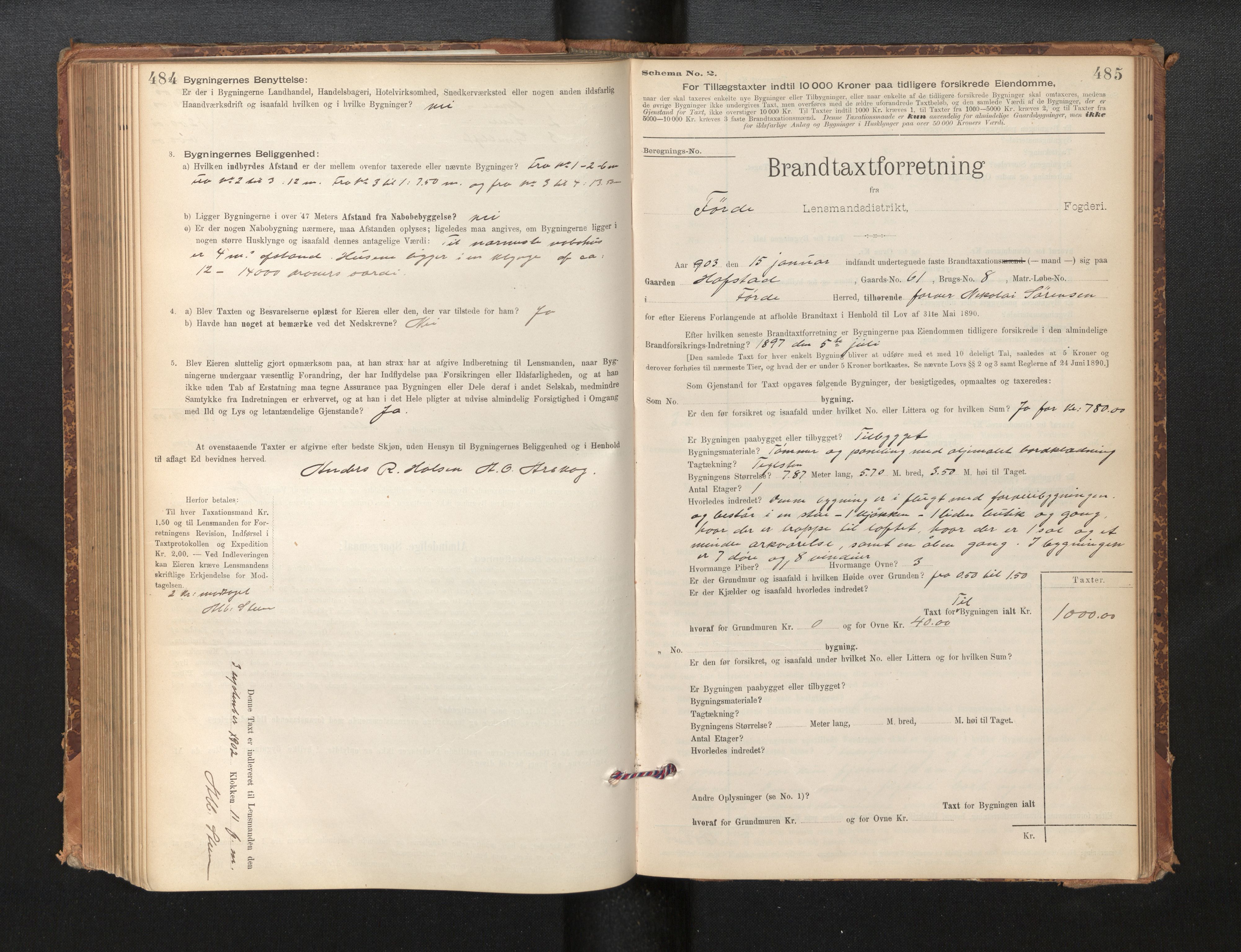 Lensmannen i Førde, SAB/A-27401/0012/L0008: Branntakstprotokoll, skjematakst, 1895-1922, s. 484-485