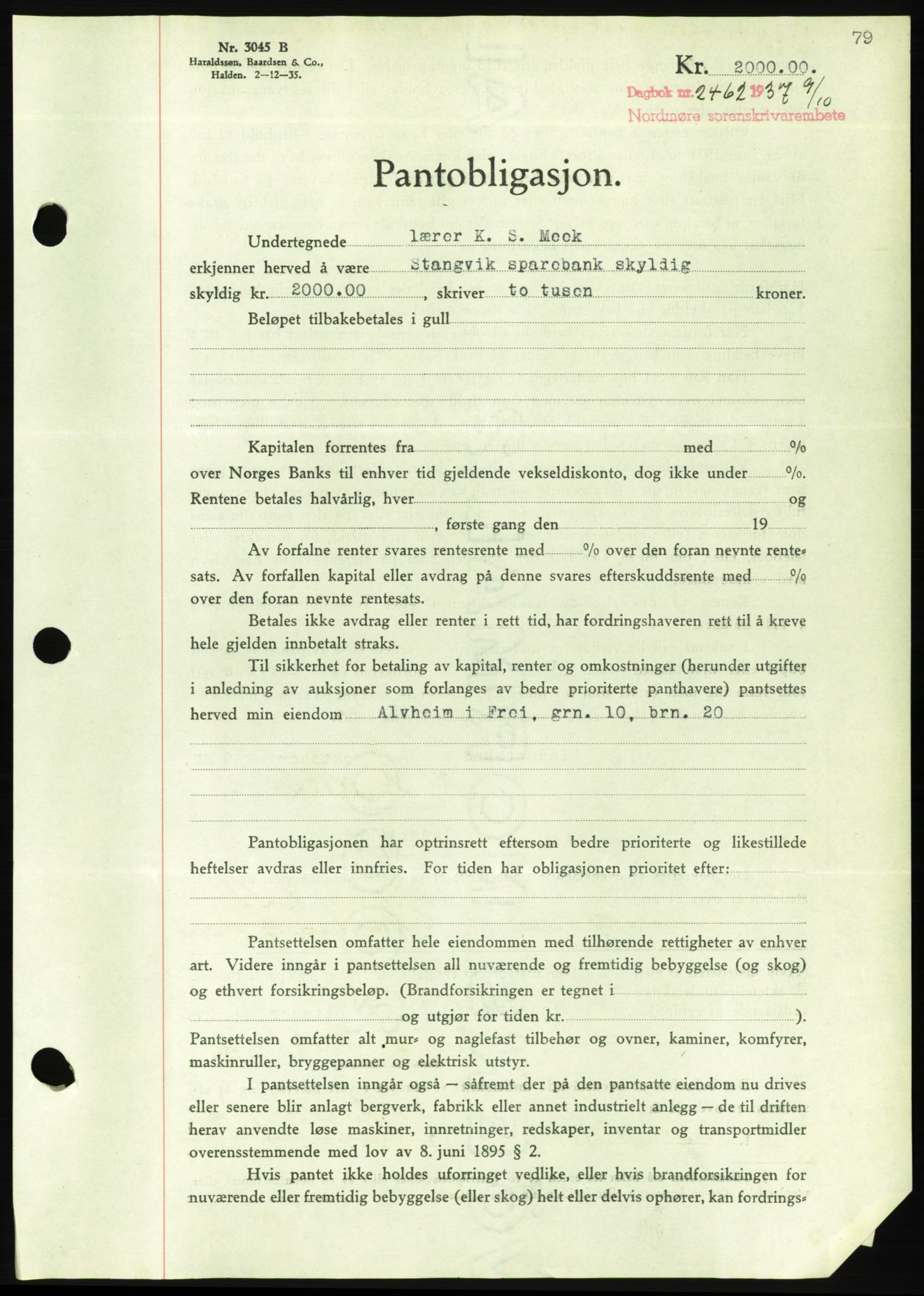 Nordmøre sorenskriveri, AV/SAT-A-4132/1/2/2Ca/L0092: Pantebok nr. B82, 1937-1938, Dagboknr: 2462/1937