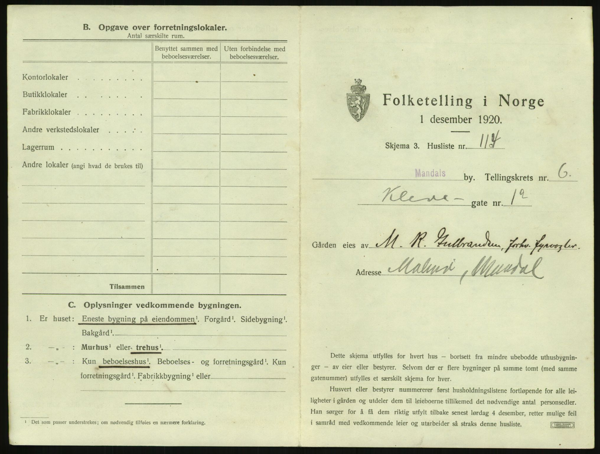 SAK, Folketelling 1920 for 1002 Mandal ladested, 1920, s. 1413