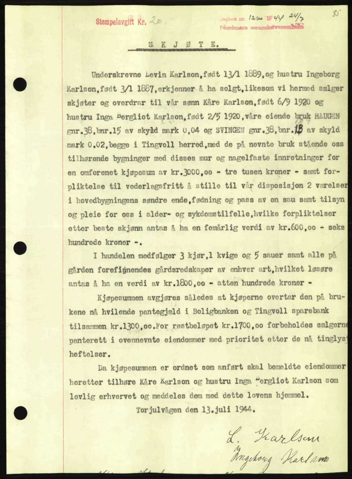 Nordmøre sorenskriveri, SAT/A-4132/1/2/2Ca: Pantebok nr. A98, 1944-1944, Dagboknr: 1260/1944