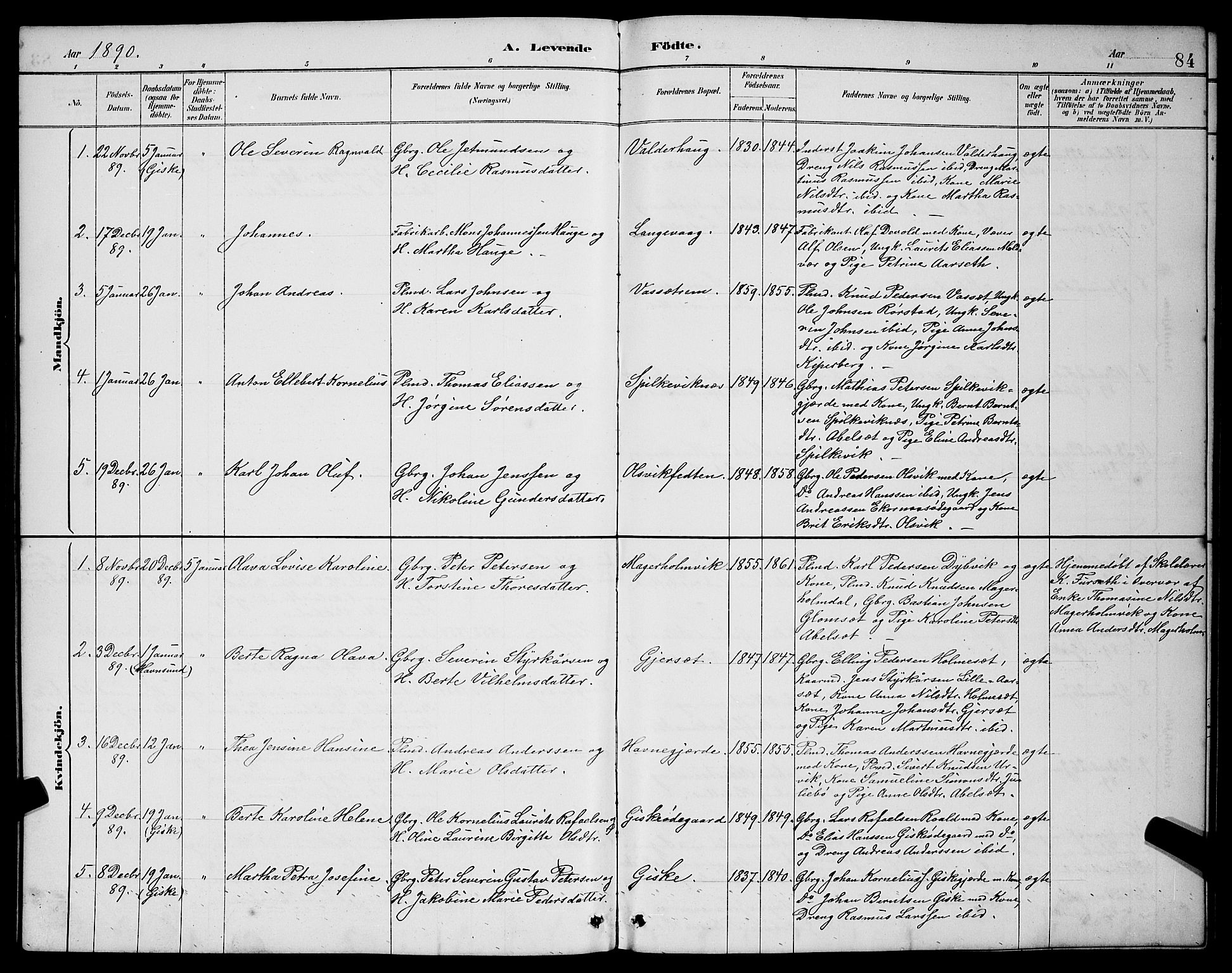 Ministerialprotokoller, klokkerbøker og fødselsregistre - Møre og Romsdal, AV/SAT-A-1454/528/L0431: Klokkerbok nr. 528C12, 1885-1898, s. 84