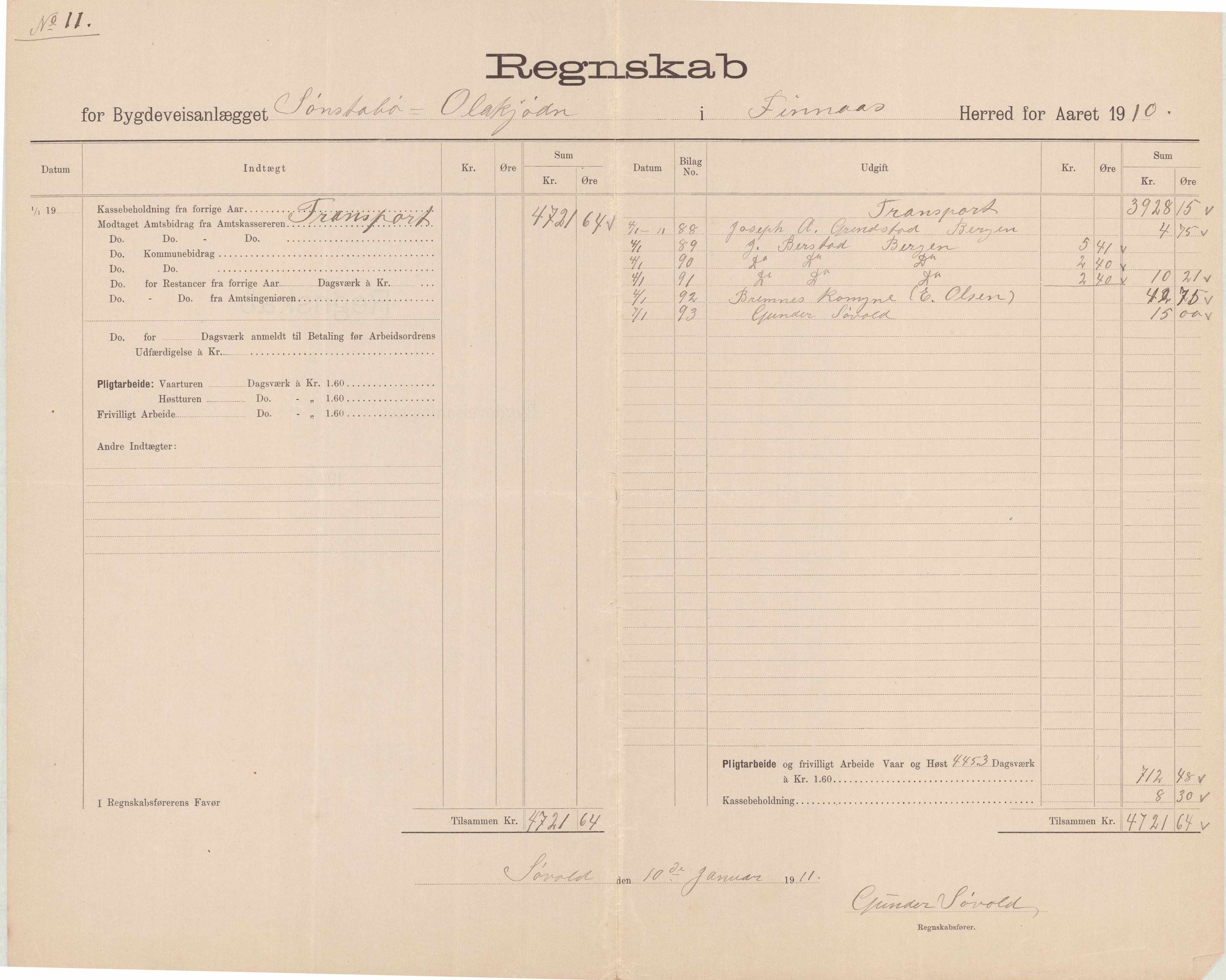 Finnaas kommune. Formannskapet, IKAH/1218a-021/E/Ea/L0001/0006: Rekneskap for veganlegg / Rekneskap for veganlegget Sønstabø - Olakjødn, 1909-1914, s. 15