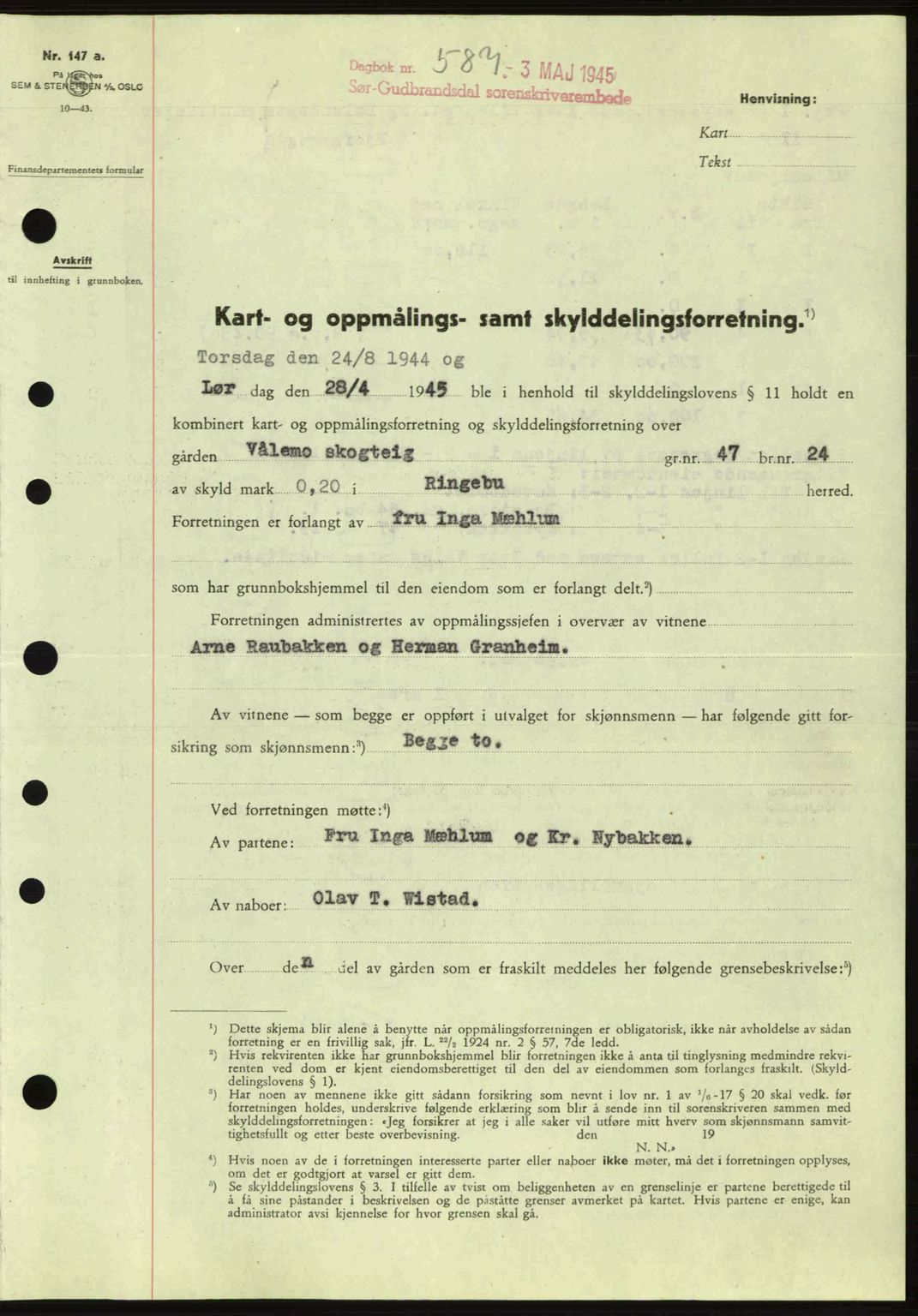 Sør-Gudbrandsdal tingrett, SAH/TING-004/H/Hb/Hbd/L0014: Pantebok nr. A14, 1944-1945, Dagboknr: 587/1945
