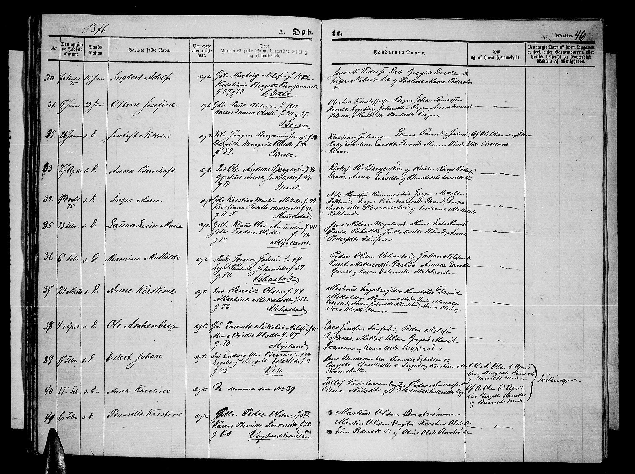 Kvæfjord sokneprestkontor, AV/SATØ-S-1323/G/Ga/Gab/L0004klokker: Klokkerbok nr. 4, 1870-1886, s. 46