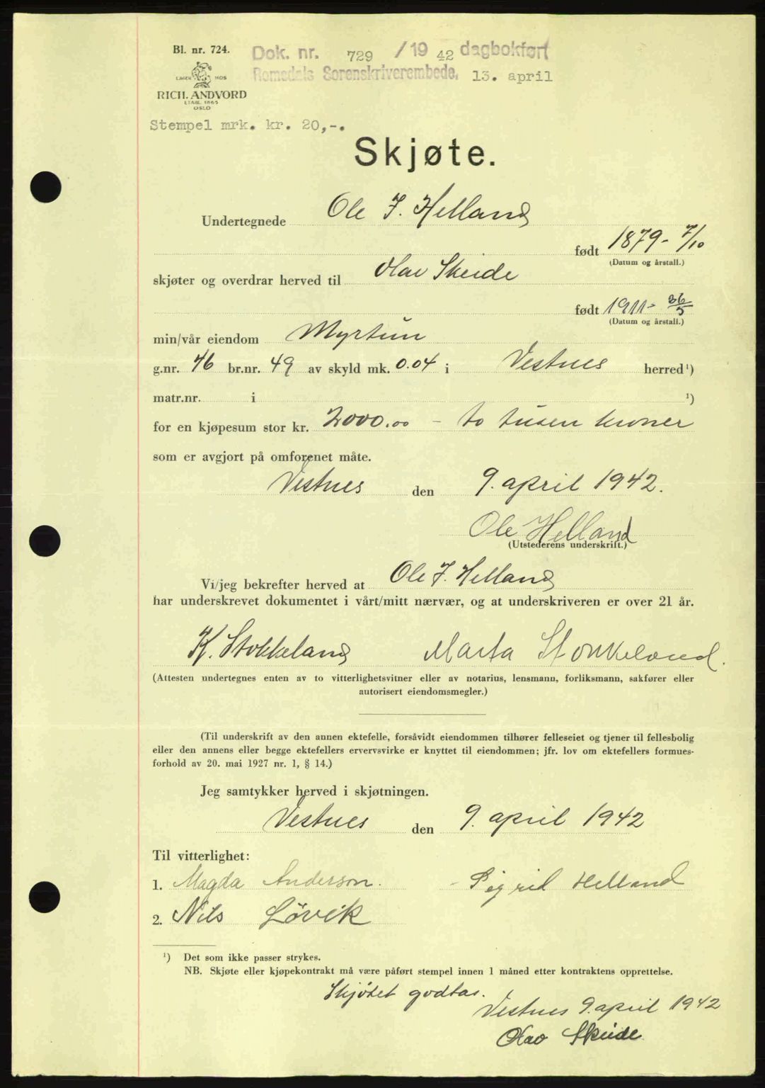 Romsdal sorenskriveri, SAT/A-4149/1/2/2C: Pantebok nr. A12, 1942-1942, Dagboknr: 729/1942