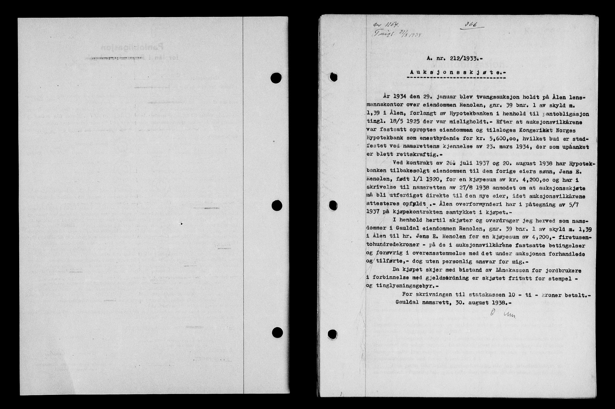 Gauldal sorenskriveri, SAT/A-0014/1/2/2C/L0049: Pantebok nr. 53, 1938-1938, Dagboknr: 1154/1938