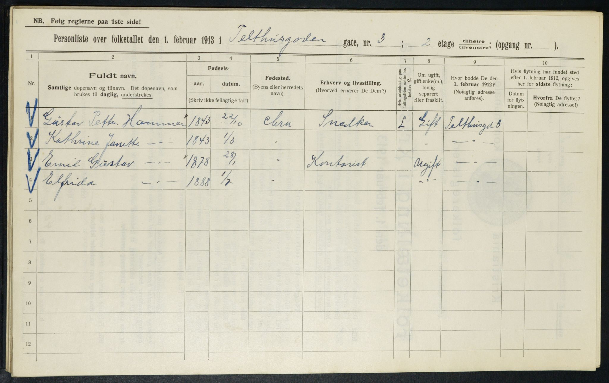 OBA, Kommunal folketelling 1.2.1913 for Kristiania, 1913, s. 107596