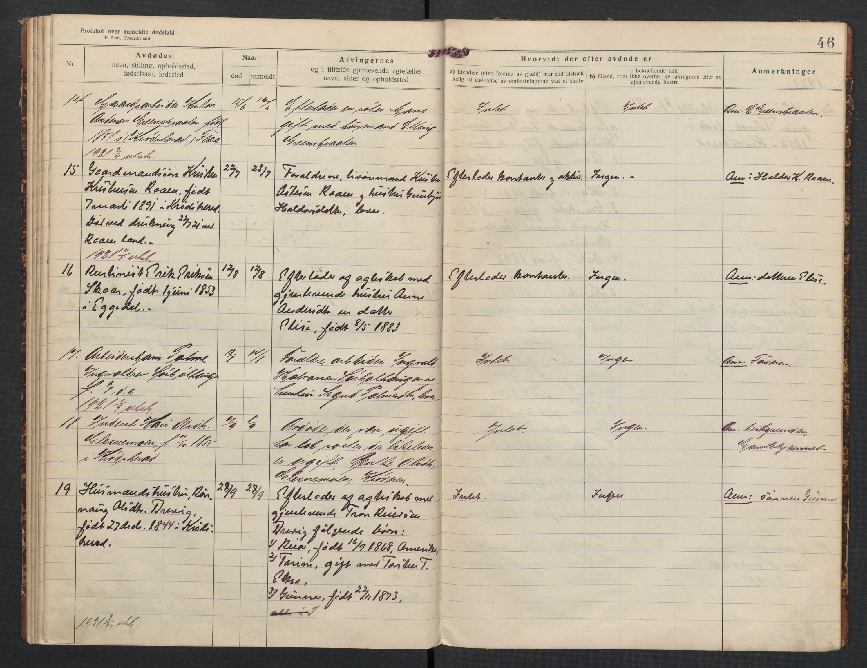 Krødsherad lensmannskontor, AV/SAKO-A-506/H/Ha/L0002: Dødsfallsprotokoll, 1917-1922, s. 46