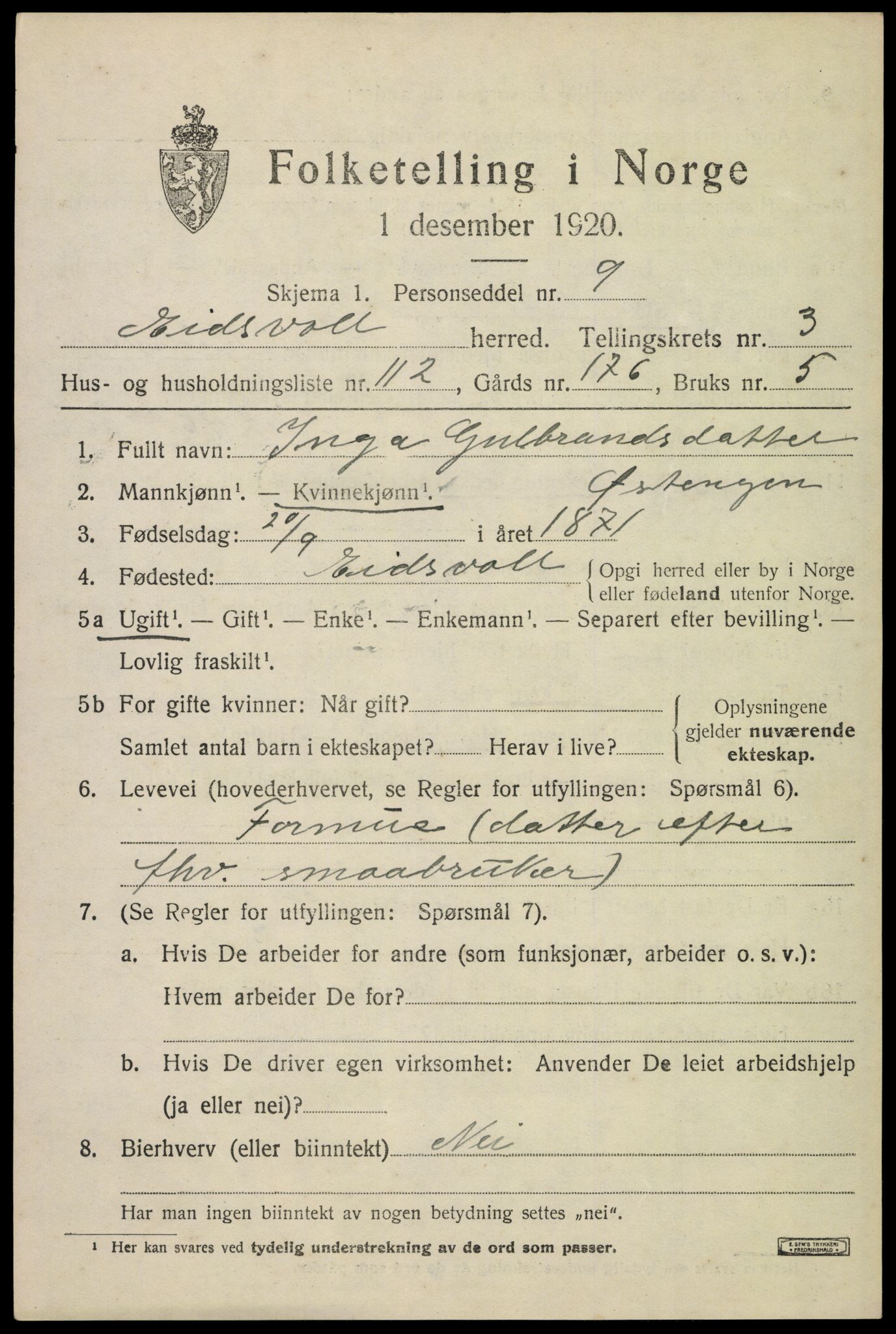 SAO, Folketelling 1920 for 0237 Eidsvoll herred, 1920, s. 8985