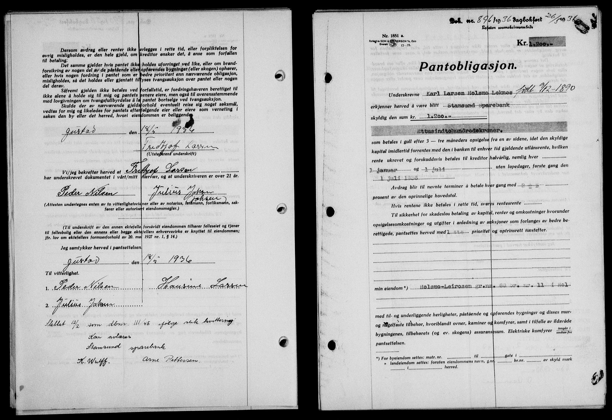 Lofoten sorenskriveri, SAT/A-0017/1/2/2C/L0033b: Pantebok nr. 33b, 1936-1936, Dagboknr: 896/1936