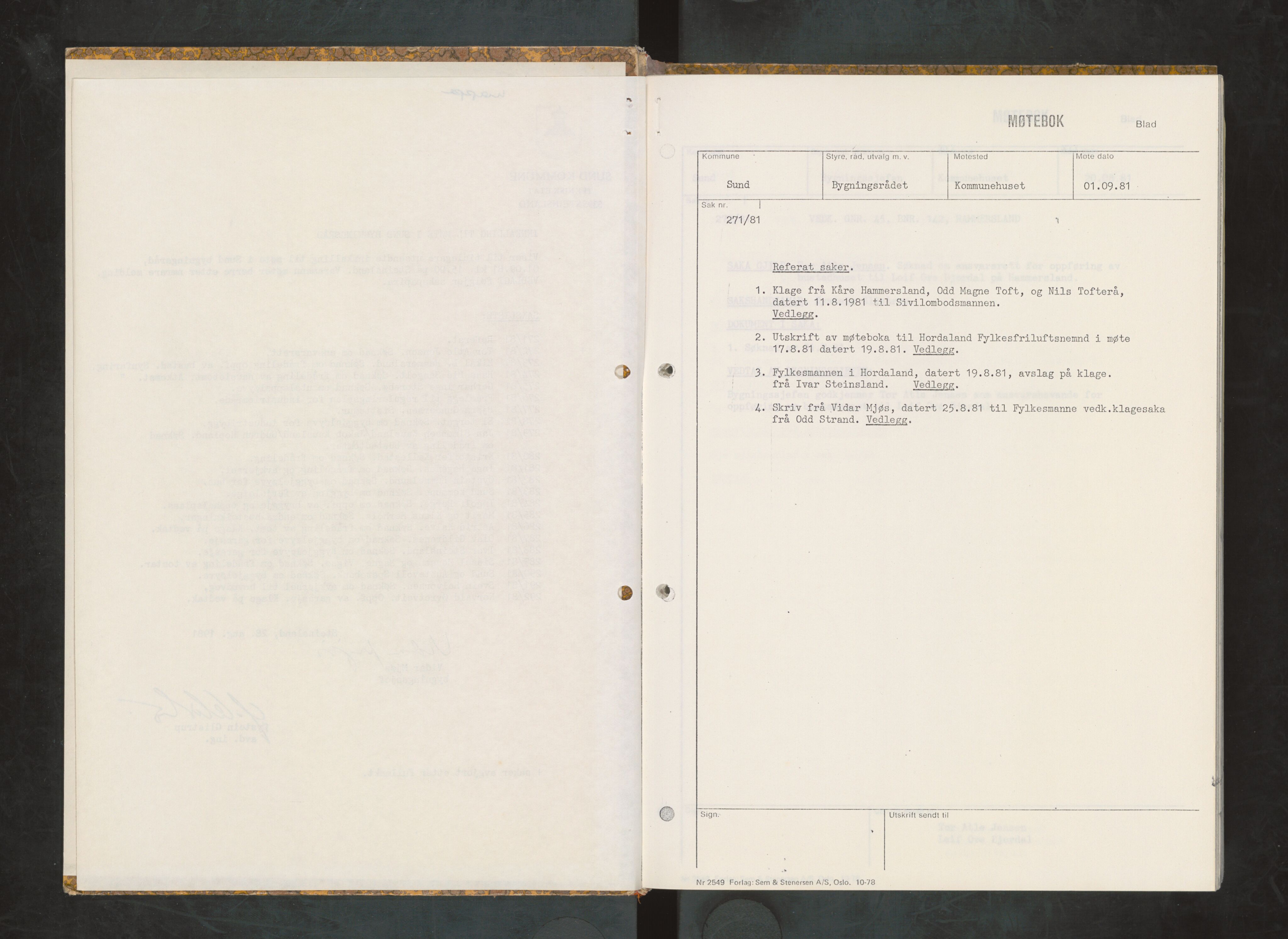 Sund kommune. Bygningsrådet, IKAH/1245-511/A/Ab/L0009: Innkallingar og vedlegg, 1981