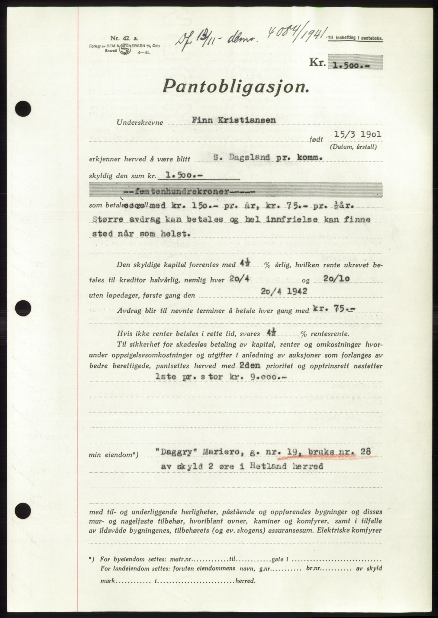 Jæren sorenskriveri, SAST/A-100310/03/G/Gba/L0081: Pantebok, 1941-1941, Dagboknr: 4084/1941