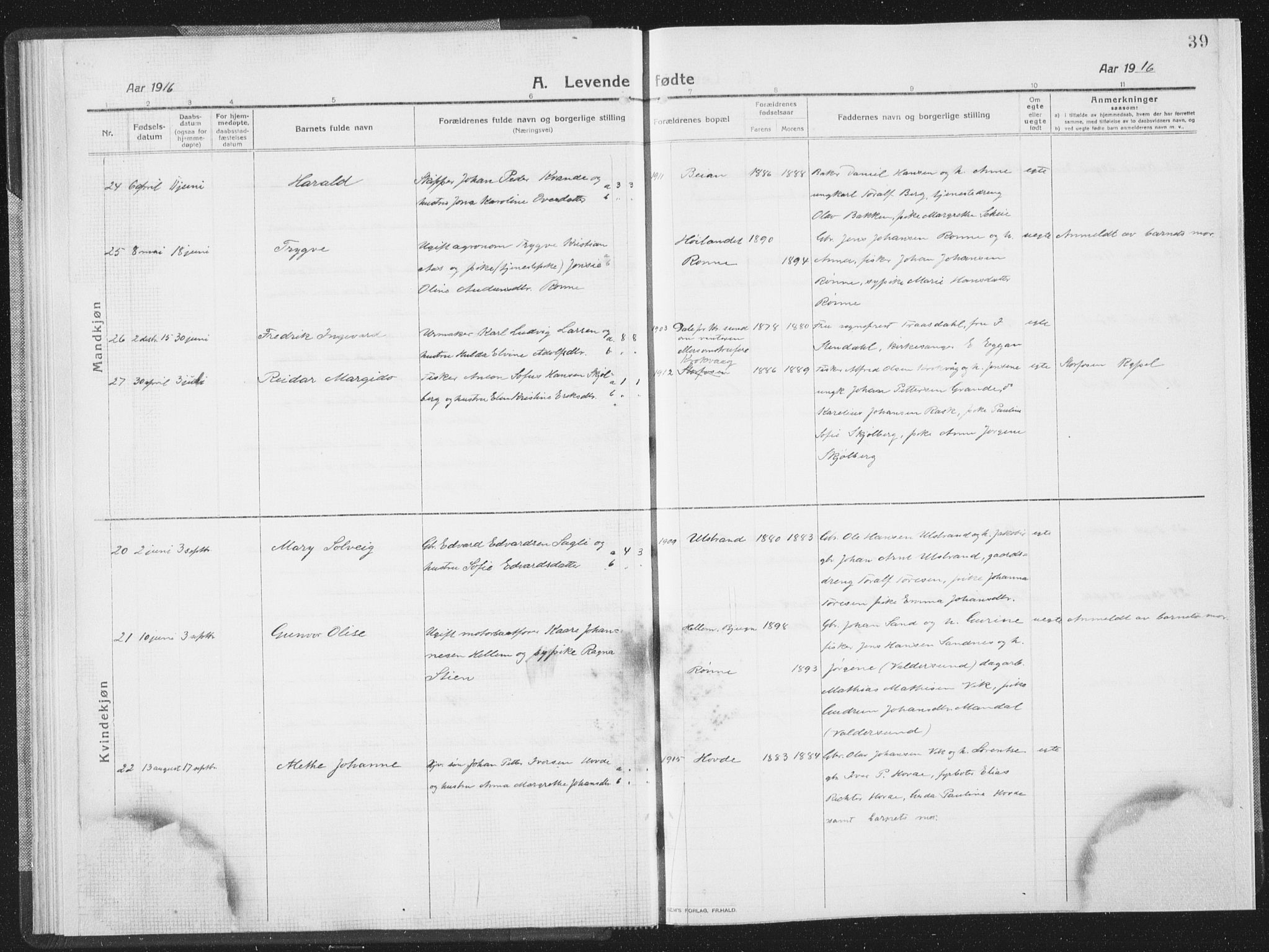 Ministerialprotokoller, klokkerbøker og fødselsregistre - Sør-Trøndelag, SAT/A-1456/659/L0747: Klokkerbok nr. 659C04, 1913-1938, s. 39