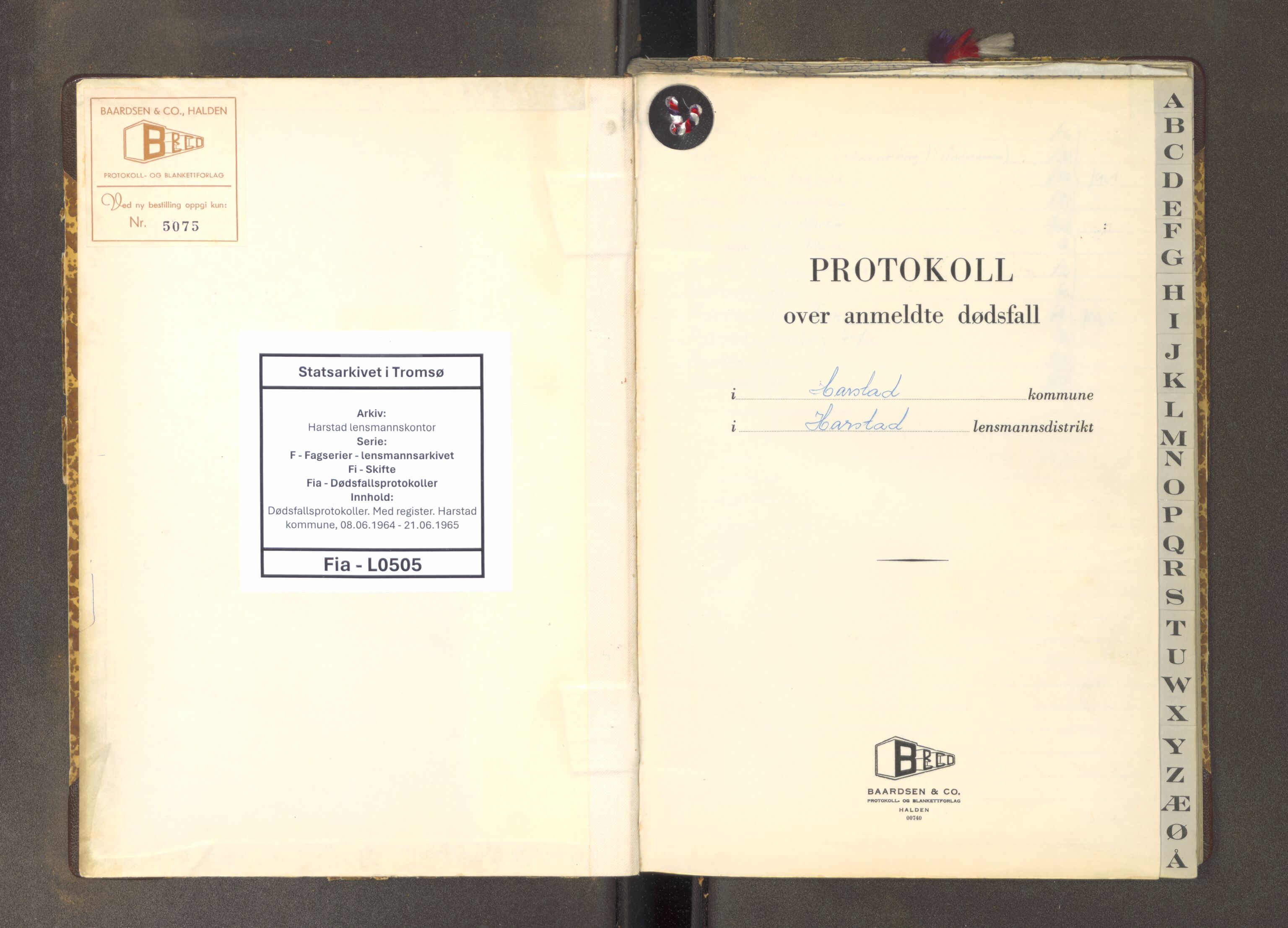 Harstad lensmannskontor, AV/SATØ-SATØ-10/F/Fi/Fia/L0505: Dødsfallsprotokoller. Med register. Harstad kommune, 1964-1965