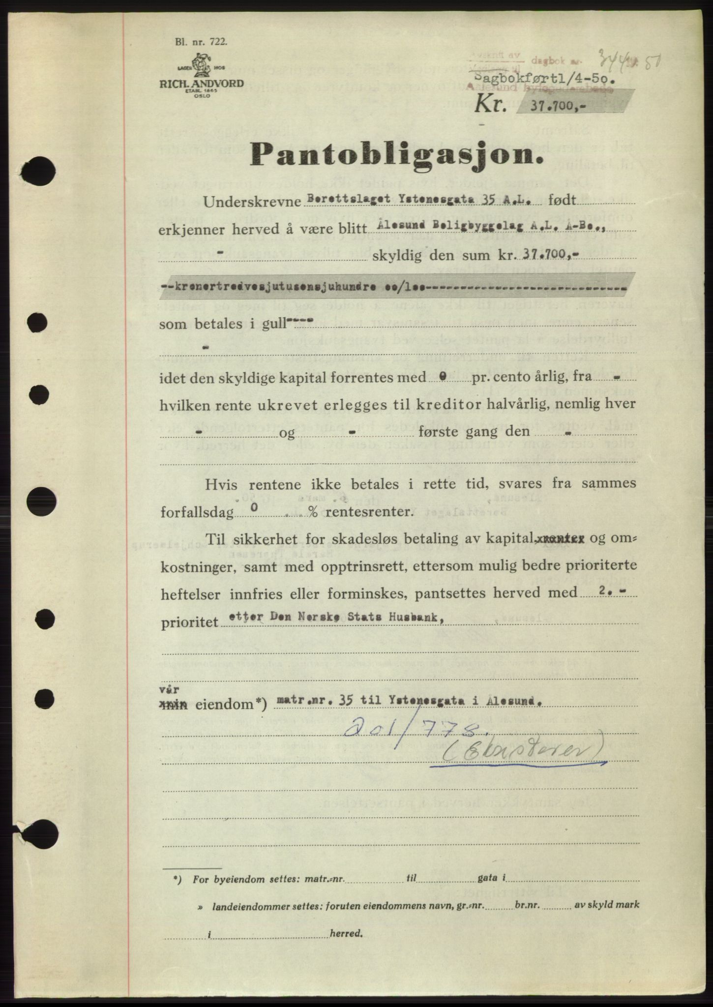 Ålesund byfogd, SAT/A-4384: Pantebok nr. B36-38, 1948-1950, Dagboknr: 344/1950