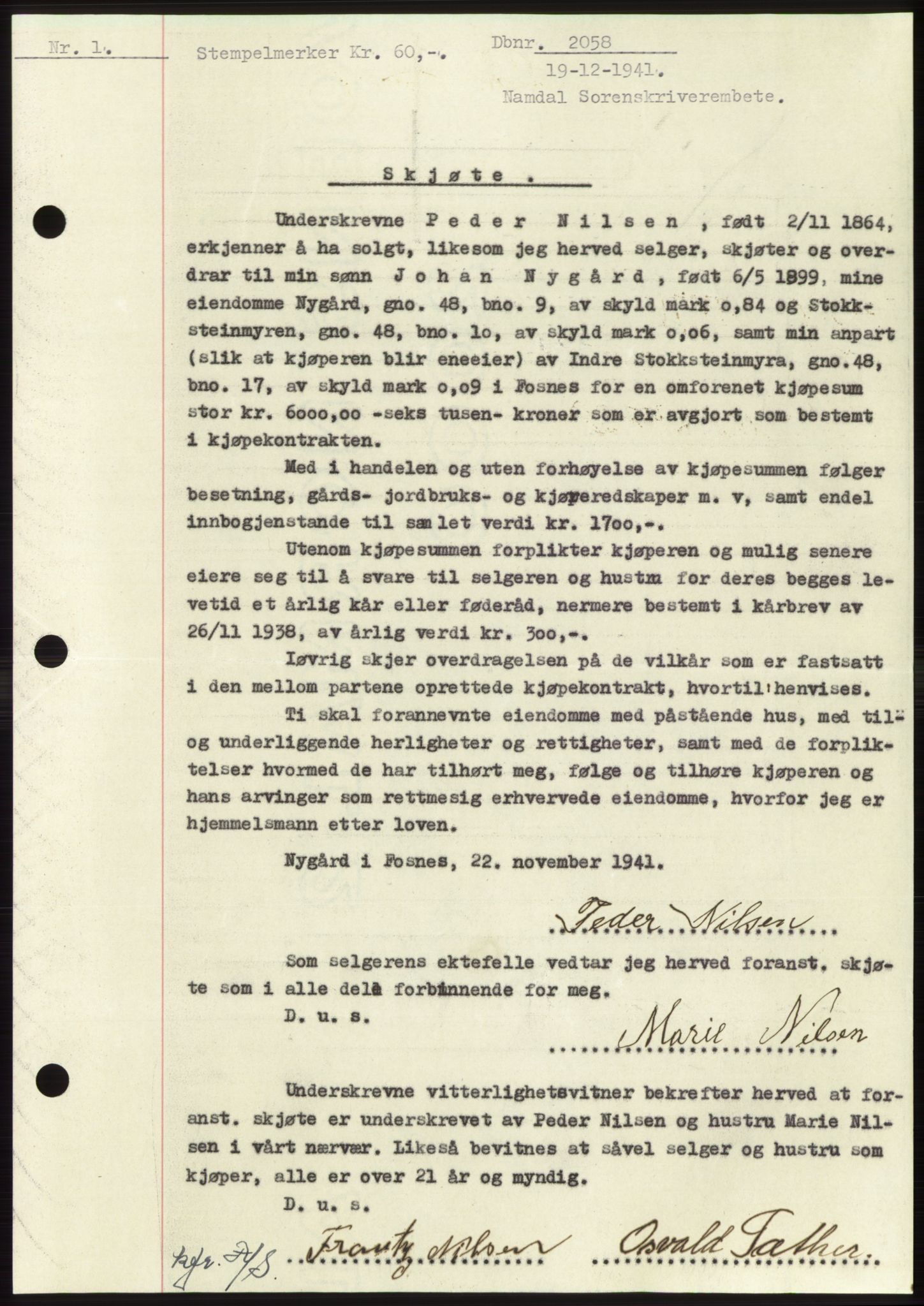 Namdal sorenskriveri, SAT/A-4133/1/2/2C: Pantebok nr. -, 1941-1942, Dagboknr: 2058/1941