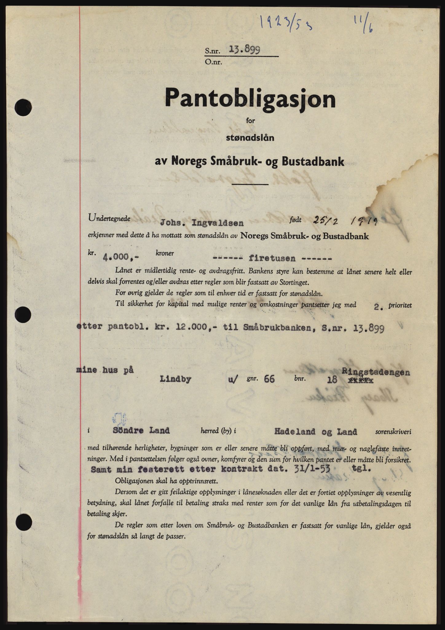 Hadeland og Land tingrett, SAH/TING-010/H/Hb/Hbc/L0027: Pantebok nr. B27, 1953-1953, Dagboknr: 1923/1953