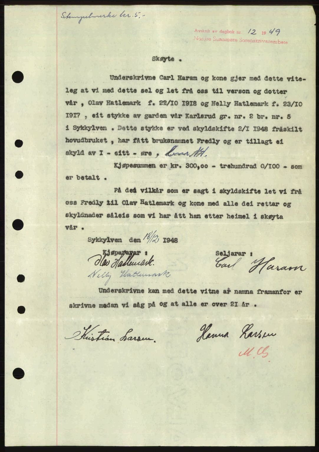 Nordre Sunnmøre sorenskriveri, SAT/A-0006/1/2/2C/2Ca: Pantebok nr. A29, 1948-1949, Dagboknr: 12/1949