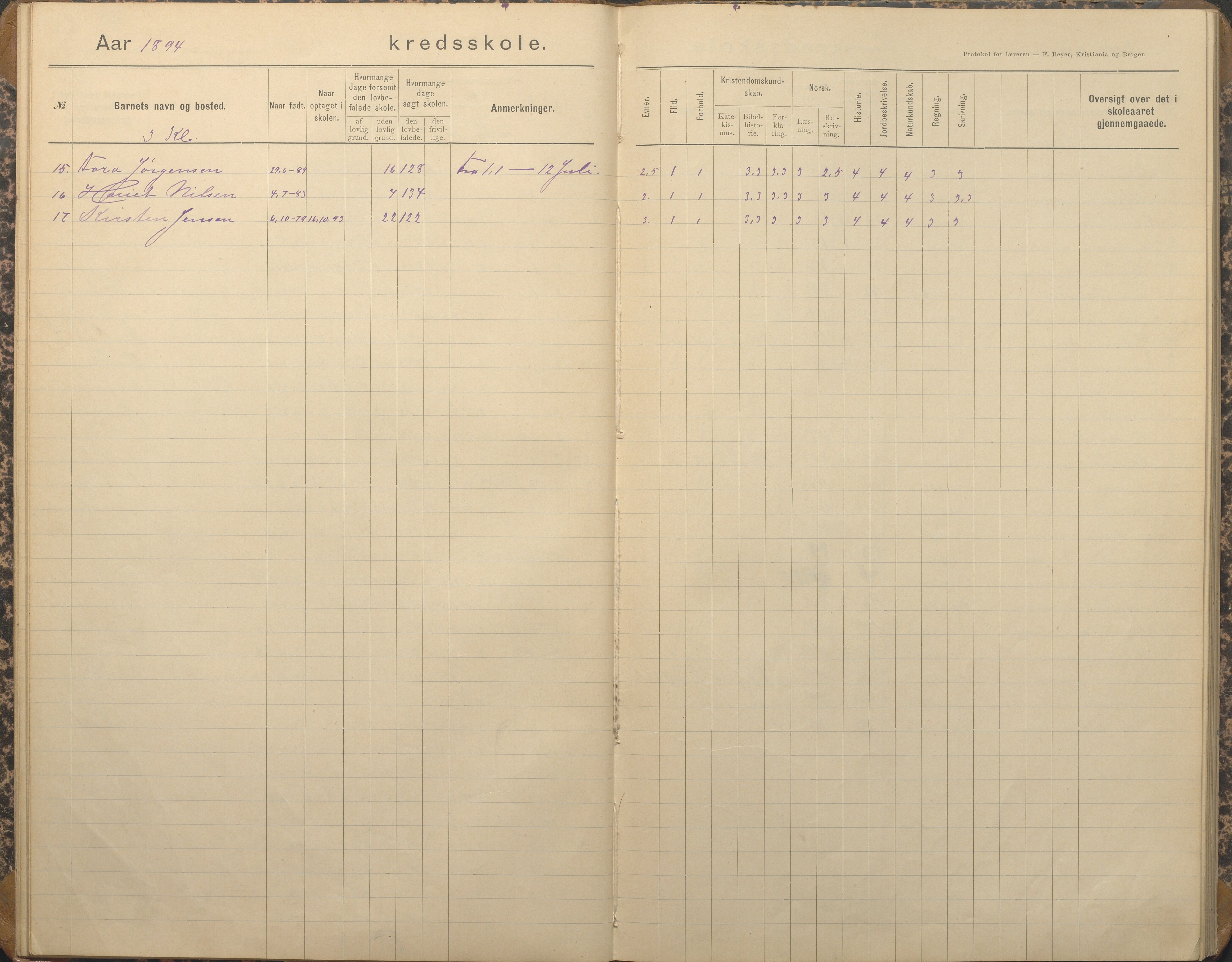 Tromøy kommune frem til 1971, AAKS/KA0921-PK/04/L0067: Rægevik - Karakterprotokoll, 1892-1908