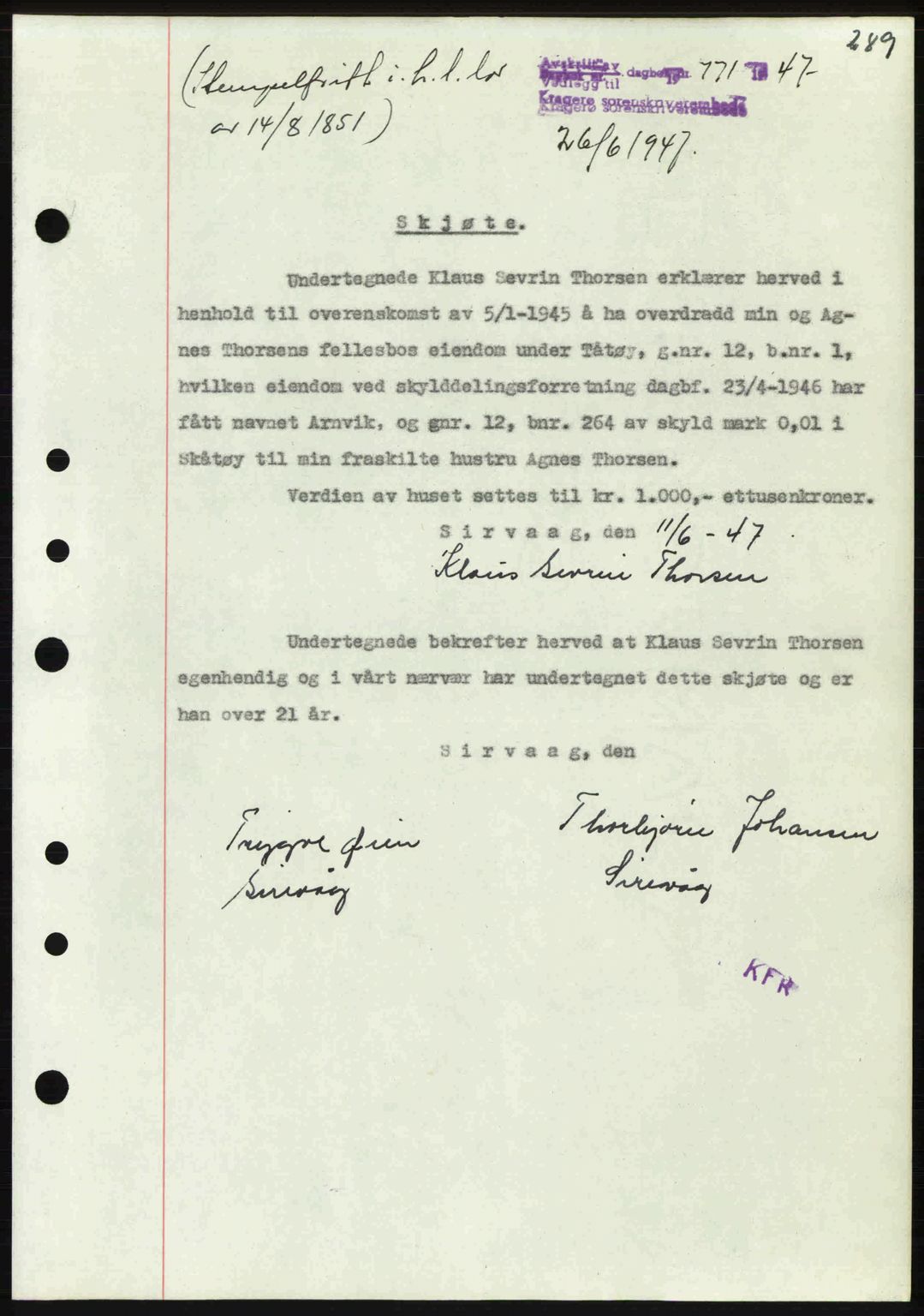 Kragerø sorenskriveri, SAKO/A-65/G/Ga/Gab/L0061: Pantebok nr. A-61, 1947-1947, Dagboknr: 771/1947