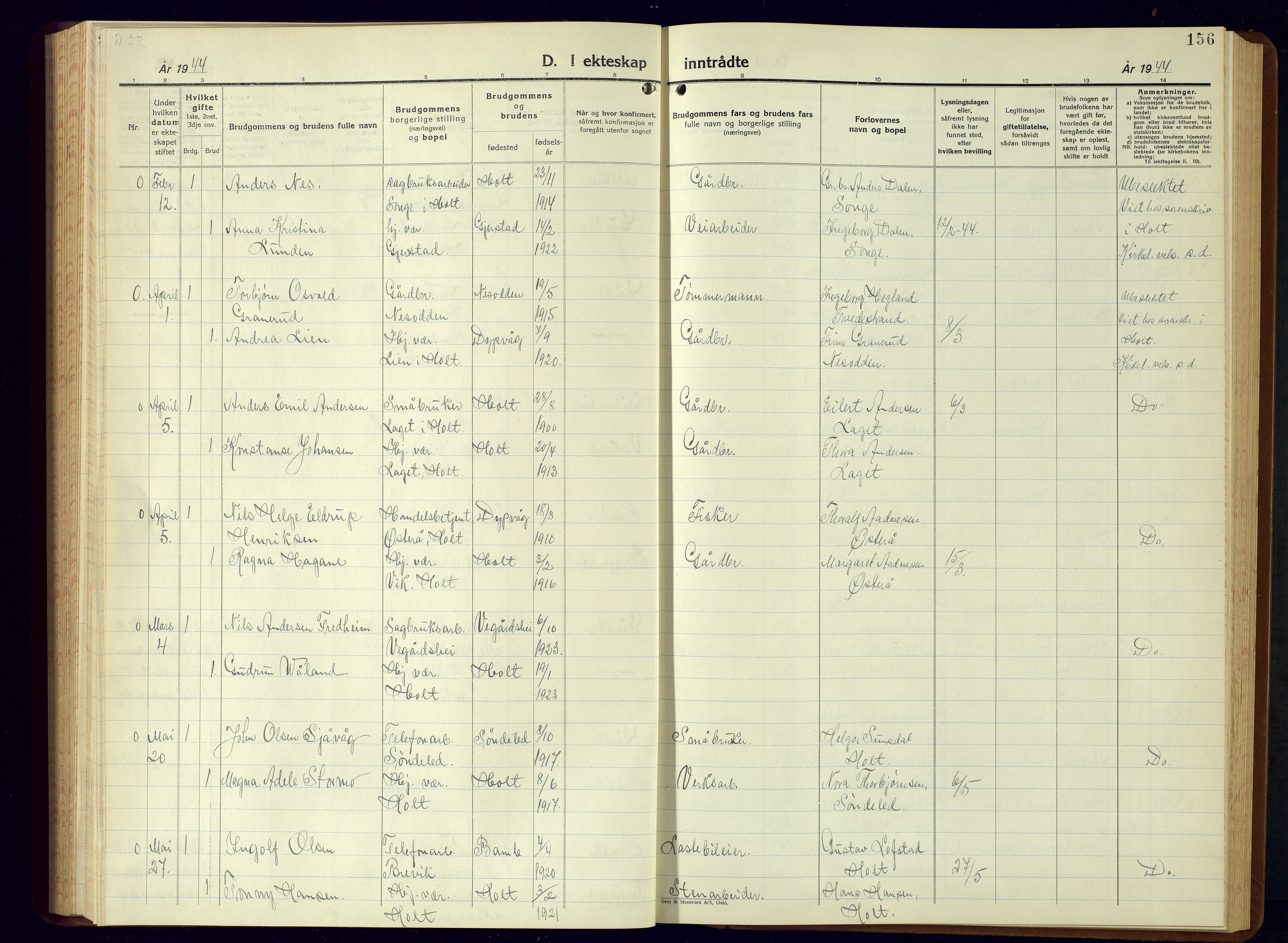 Holt sokneprestkontor, AV/SAK-1111-0021/F/Fb/L0013: Klokkerbok nr. B-13, 1940-1958, s. 156