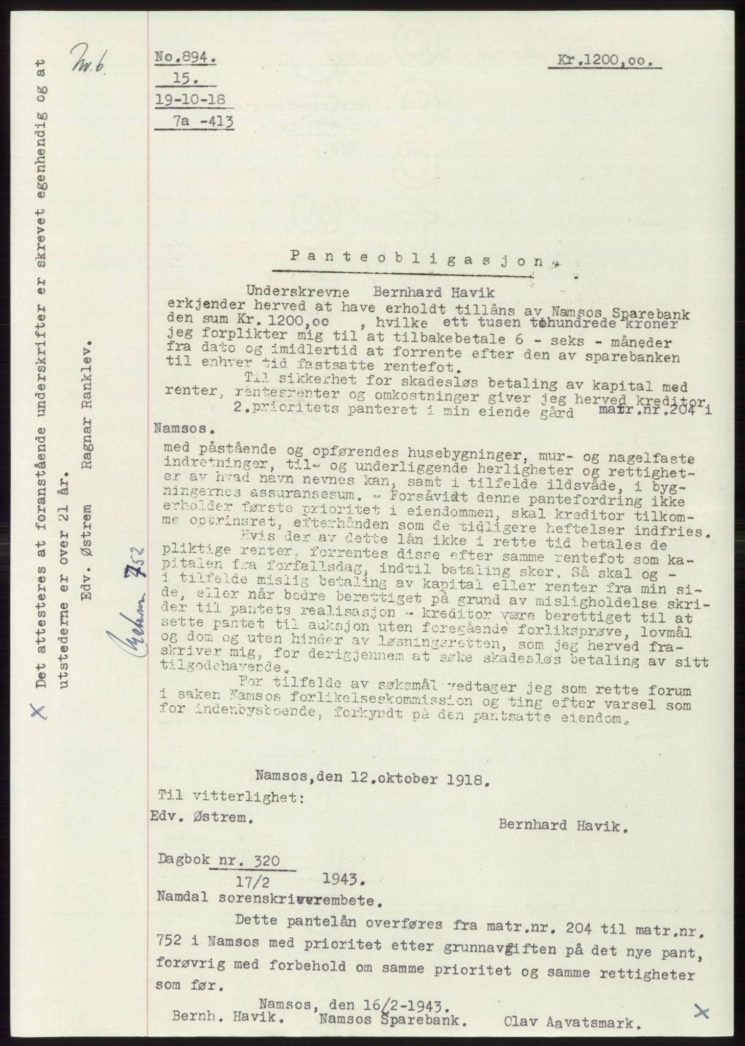 Namdal sorenskriveri, SAT/A-4133/1/2/2C: Pantebok nr. -, 1916-1921, Tingl.dato: 19.10.1918