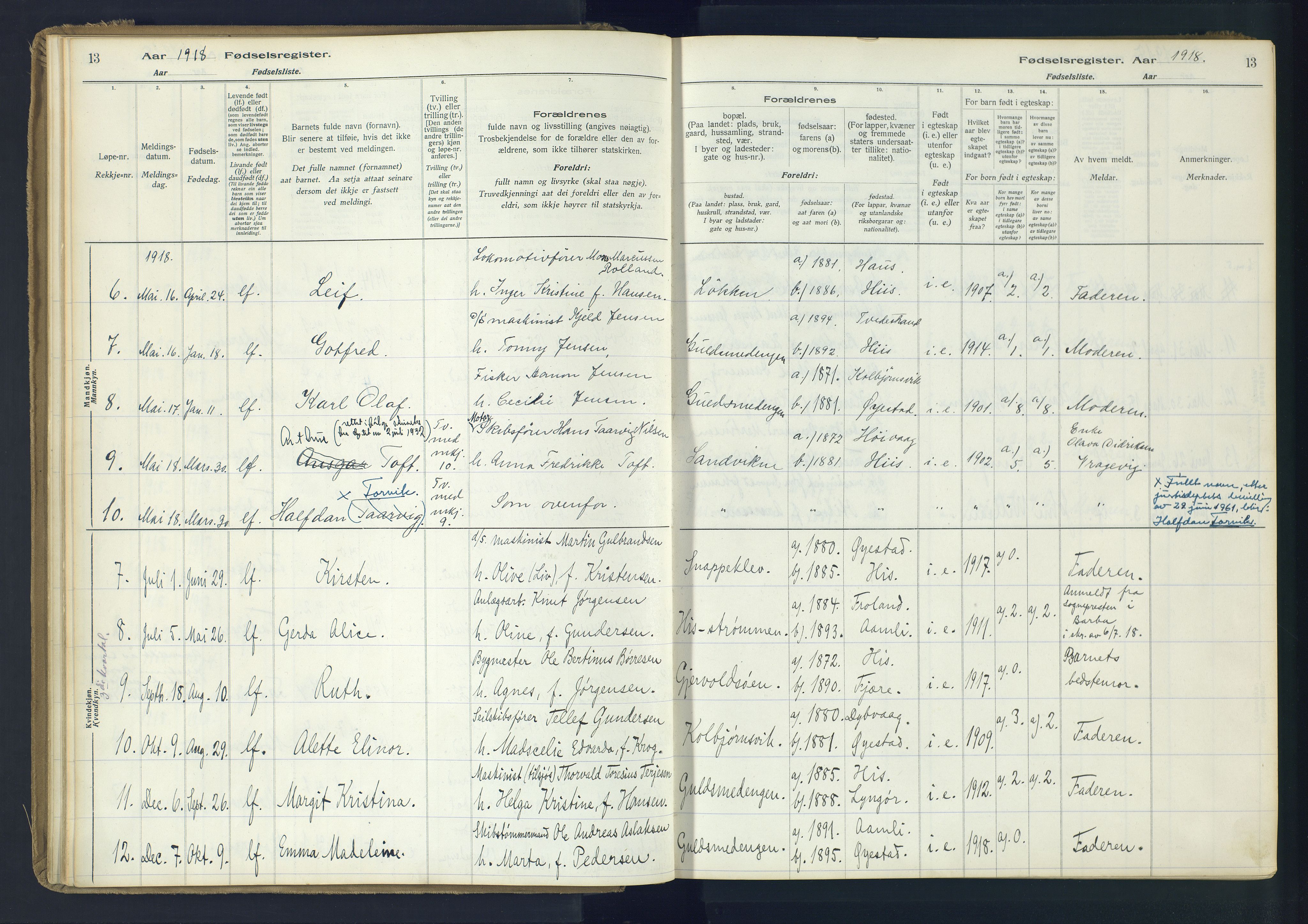 Hisøy sokneprestkontor, AV/SAK-1111-0020/J/Ja/L0001: Fødselsregister nr. A-VI-14, 1916-1951, s. 13