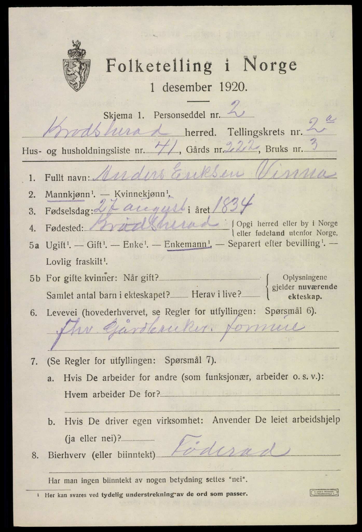 SAKO, Folketelling 1920 for 0622 Krødsherad herred, 1920, s. 3289