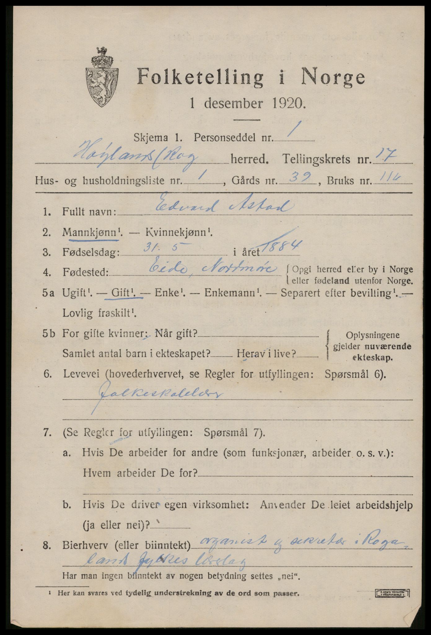 SAST, Folketelling 1920 for 1123 Høyland herred, 1920, s. 15600