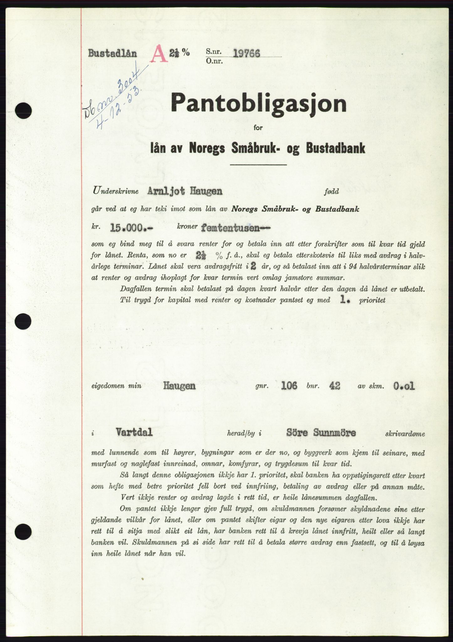 Søre Sunnmøre sorenskriveri, AV/SAT-A-4122/1/2/2C/L0124: Pantebok nr. 12B, 1953-1954, Dagboknr: 3004/1953