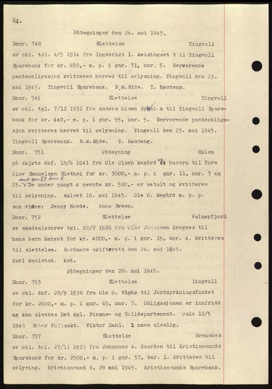 Nordmøre sorenskriveri, AV/SAT-A-4132/1/2/2Ca: Pantebok nr. C82a, 1945-1946, Dagboknr: 748/1945