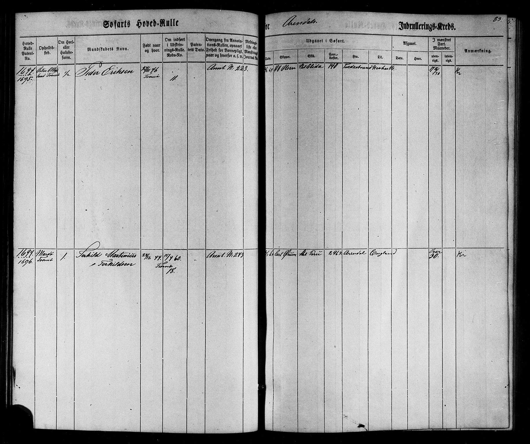 Arendal mønstringskrets, SAK/2031-0012/F/Fb/L0002: Hovedrulle nr 1533-1724 uten register, E-3, 1863-1864, s. 84