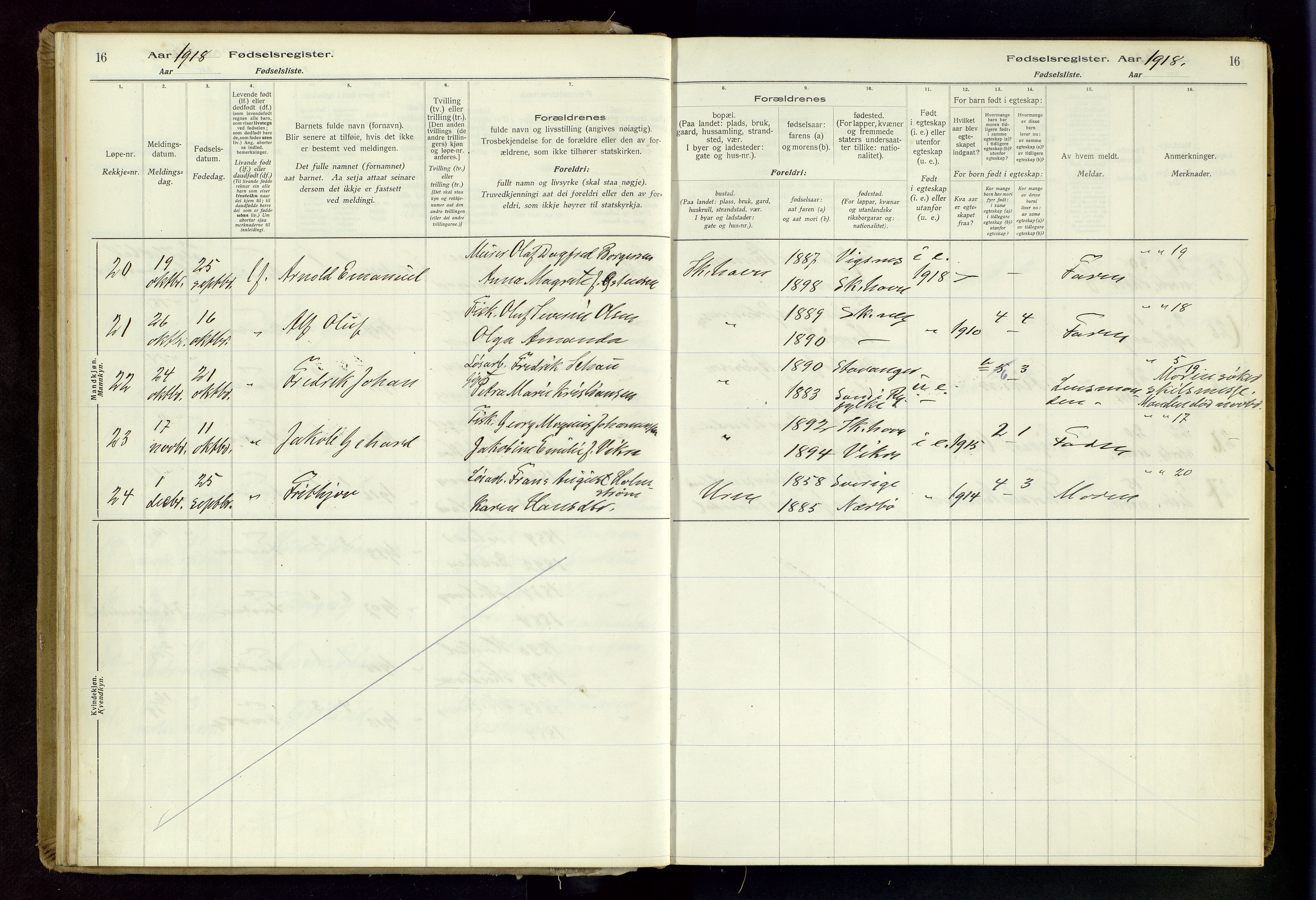 Skudenes sokneprestkontor, AV/SAST-A -101849/I/Id/L0003: Fødselsregister nr. 3, 1916-1964, s. 16